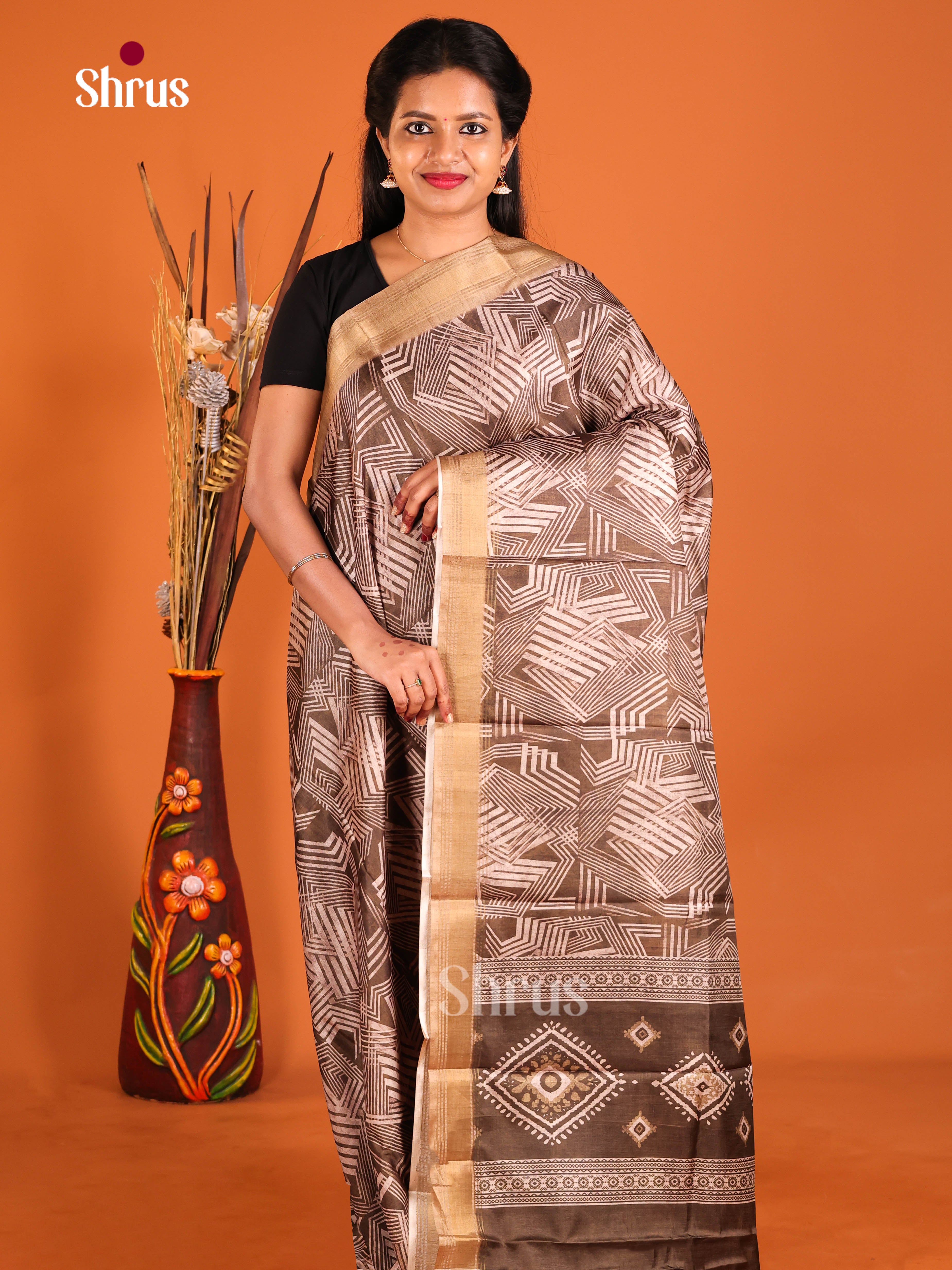 Brown- Semi Crepe Saree