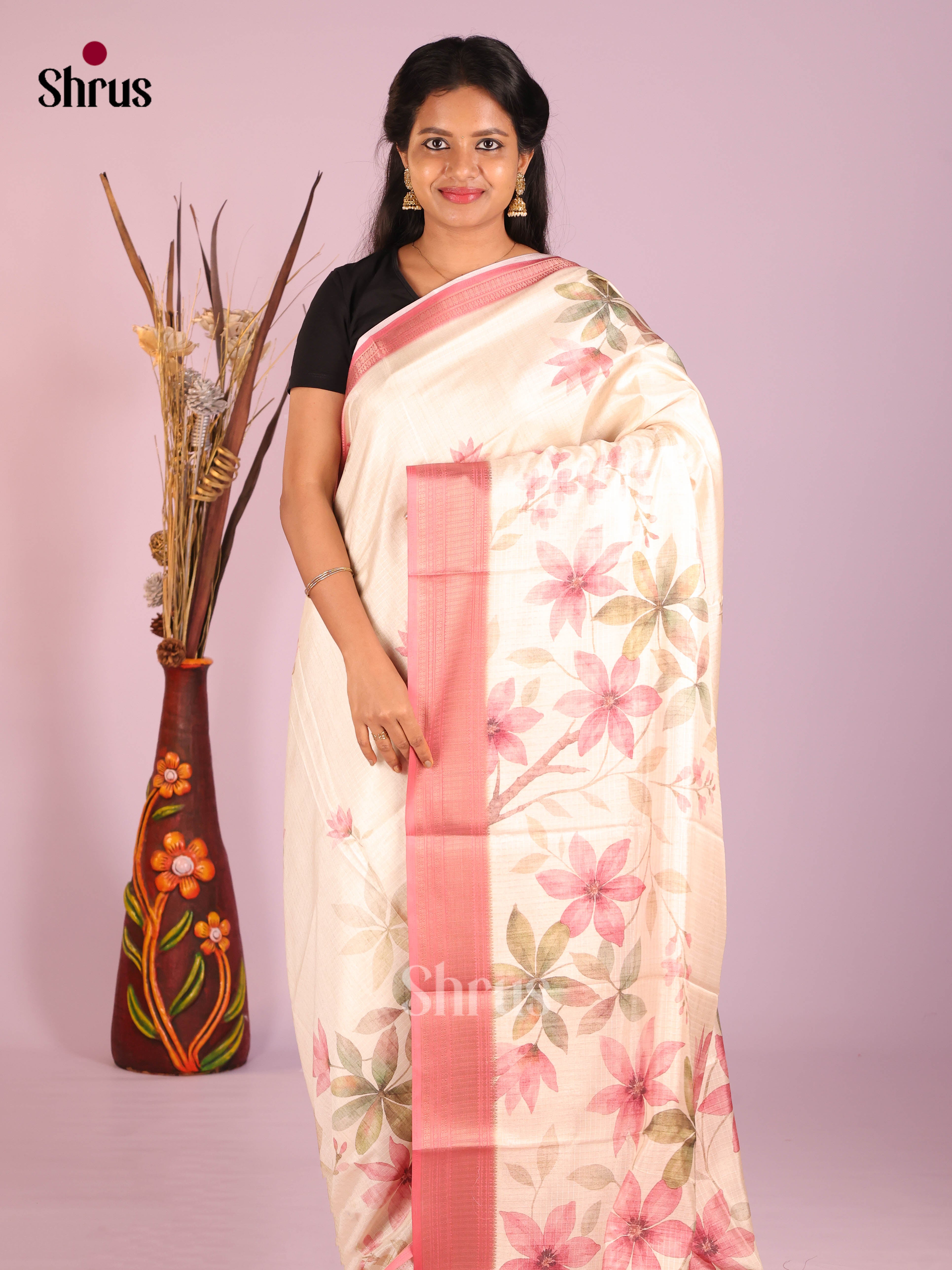 Cream & Red - Semi Dola silk Saree
