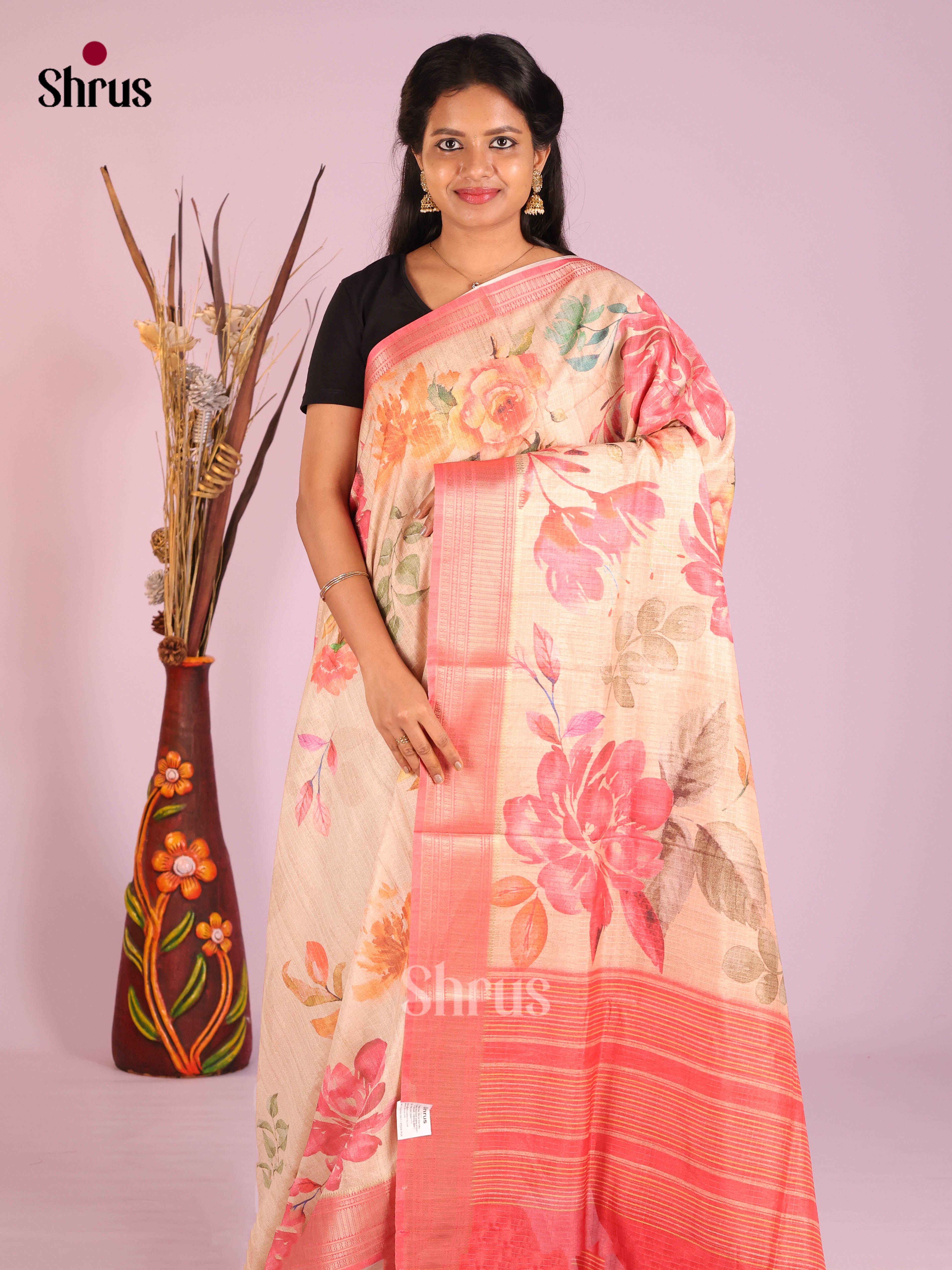 Cream & Orangish Pink - Semi Dola silk Saree