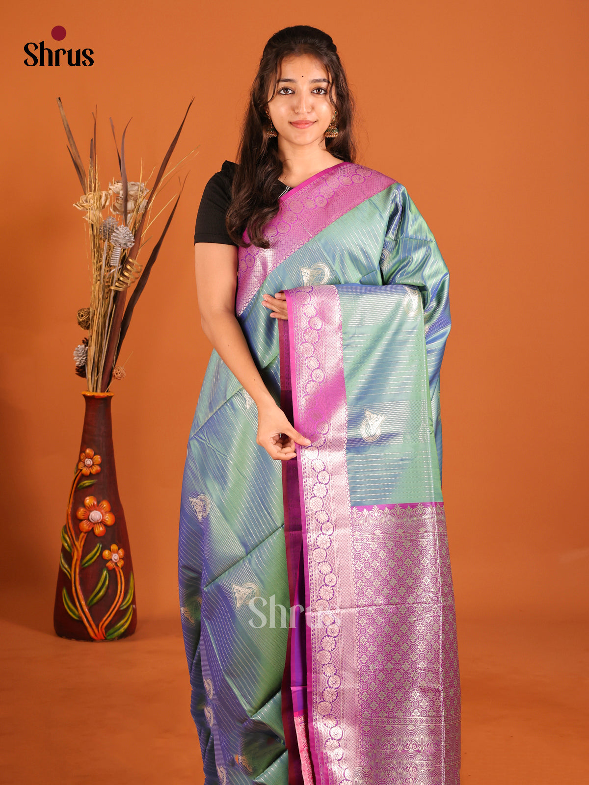 Green & Purple - Semi Softsilk Saree