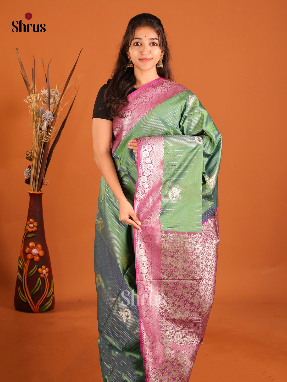 Green & Purple - Semi Softsilk Saree