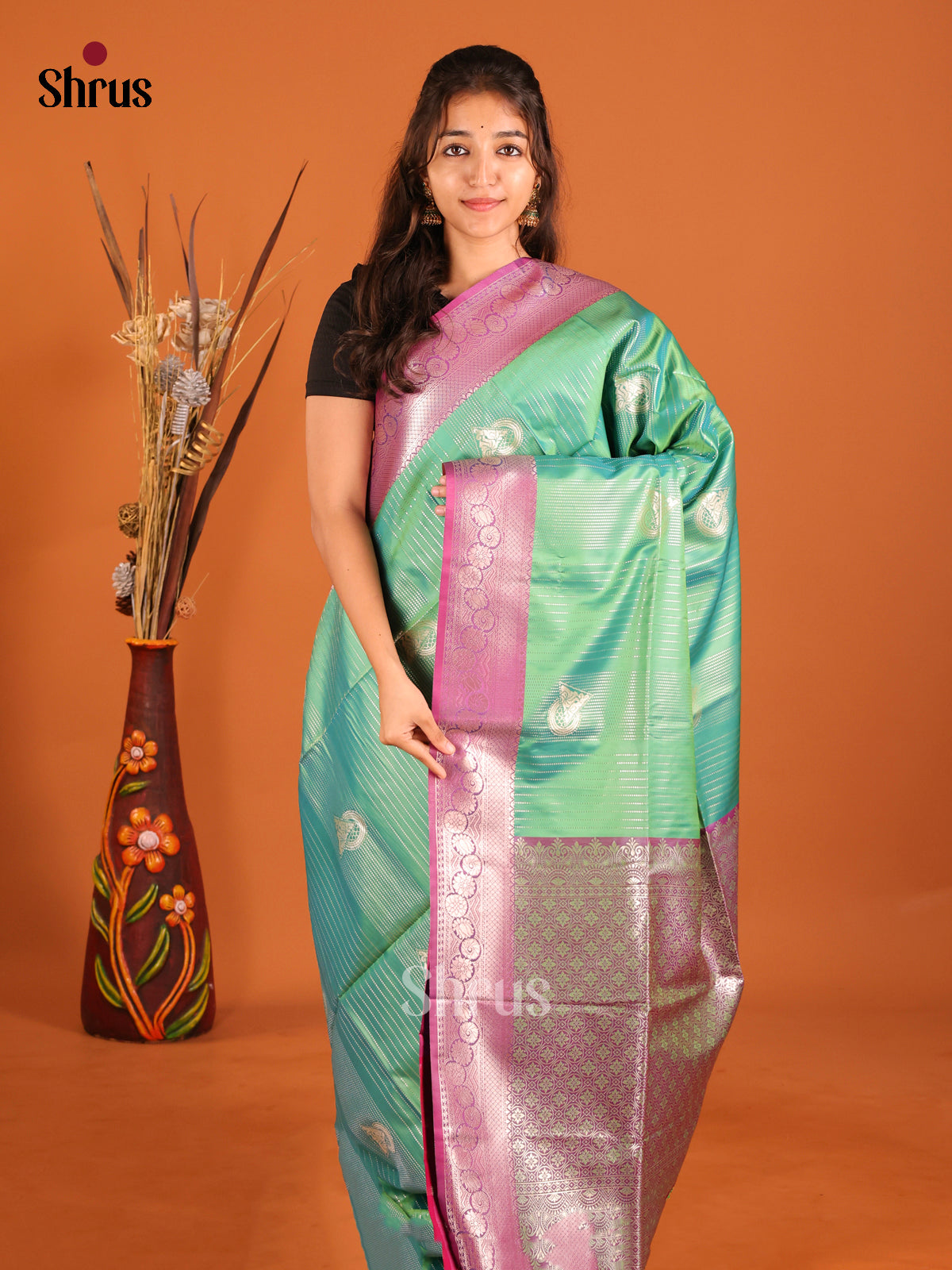 Green & Purple - Semi Softsilk Saree