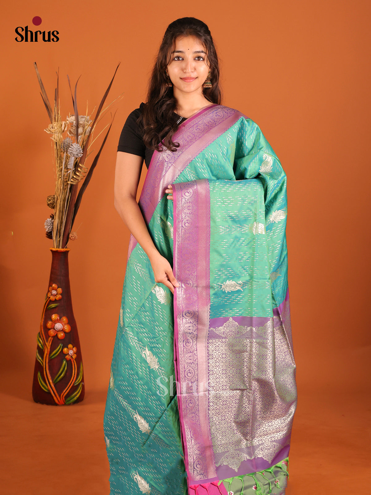 Green & Purple - Semi Softsilk Saree