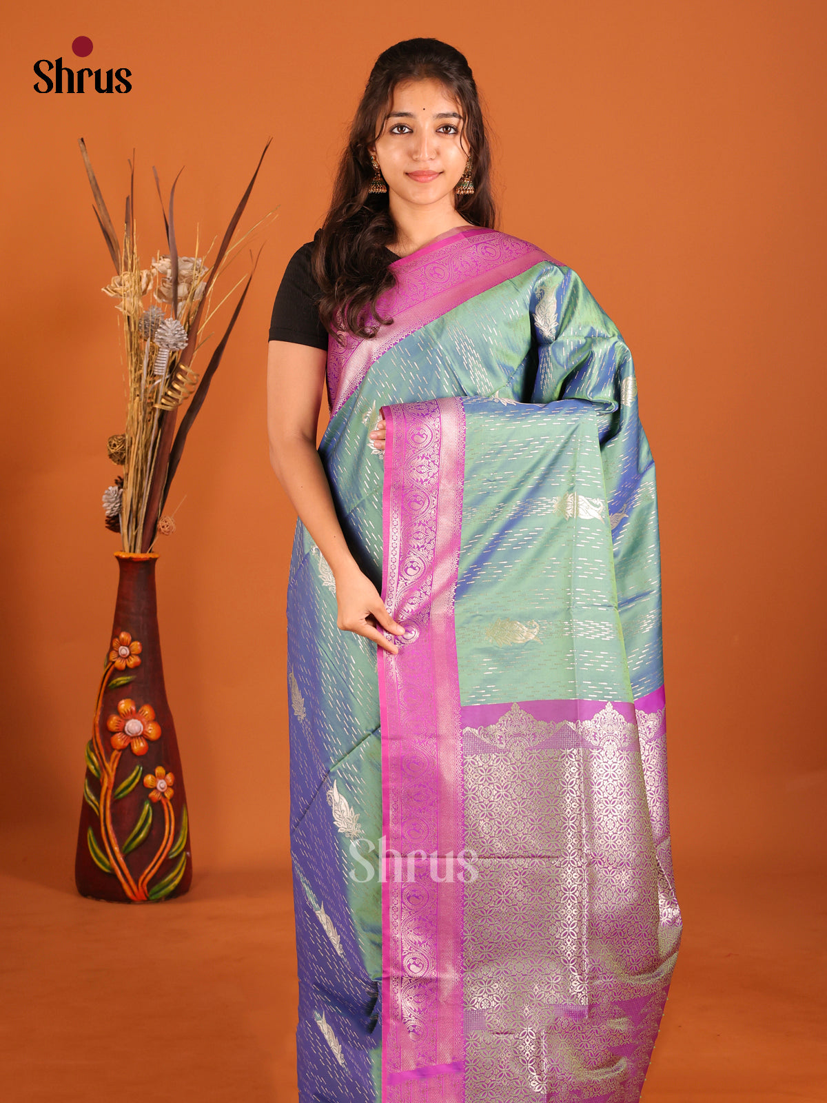 Green & Purple - Semi Softsilk Saree