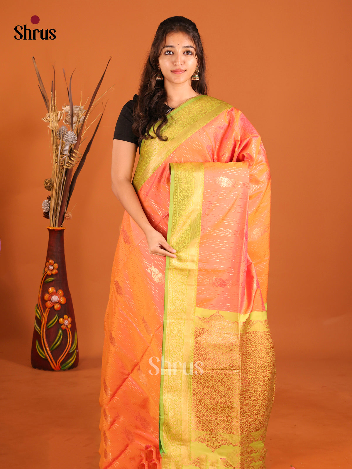 Orange & Green - Semi Softsilk Saree