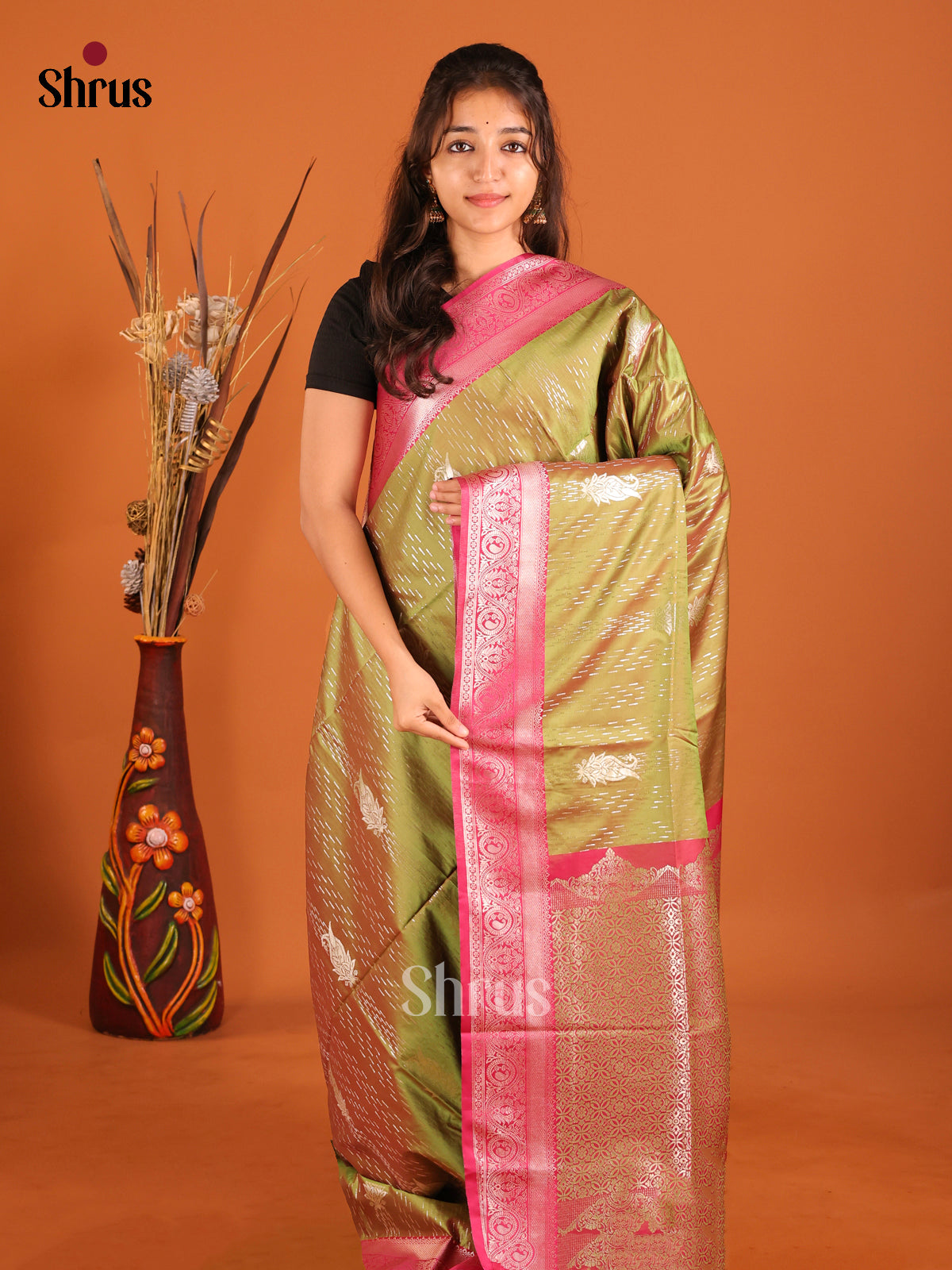 green & Pink - Semi Softsilk Saree