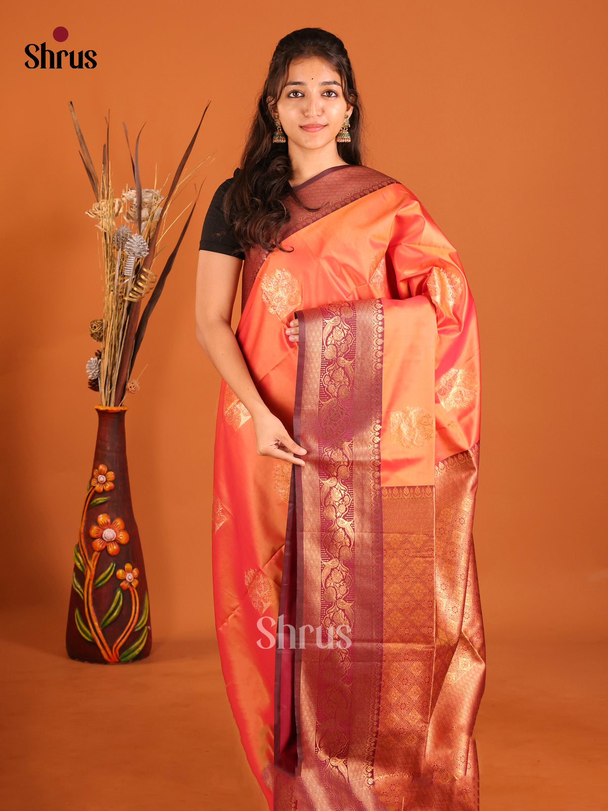 Orange & Maroon - Semi Softsilk Saree