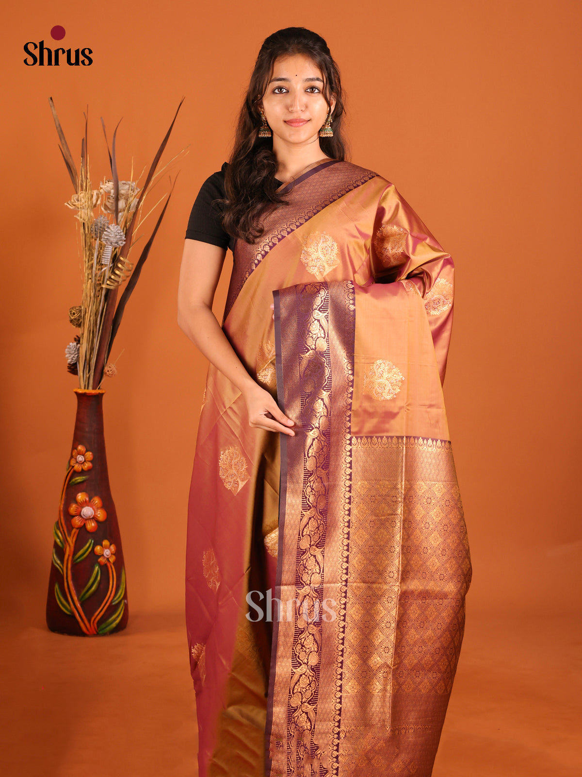 Brown & Purple - Semi Softsilk Saree