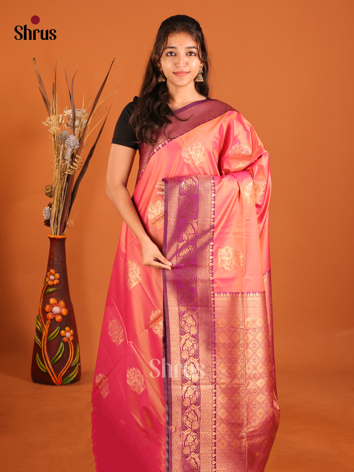 Orangish Pink & Purple- Semi Softsilk Saree