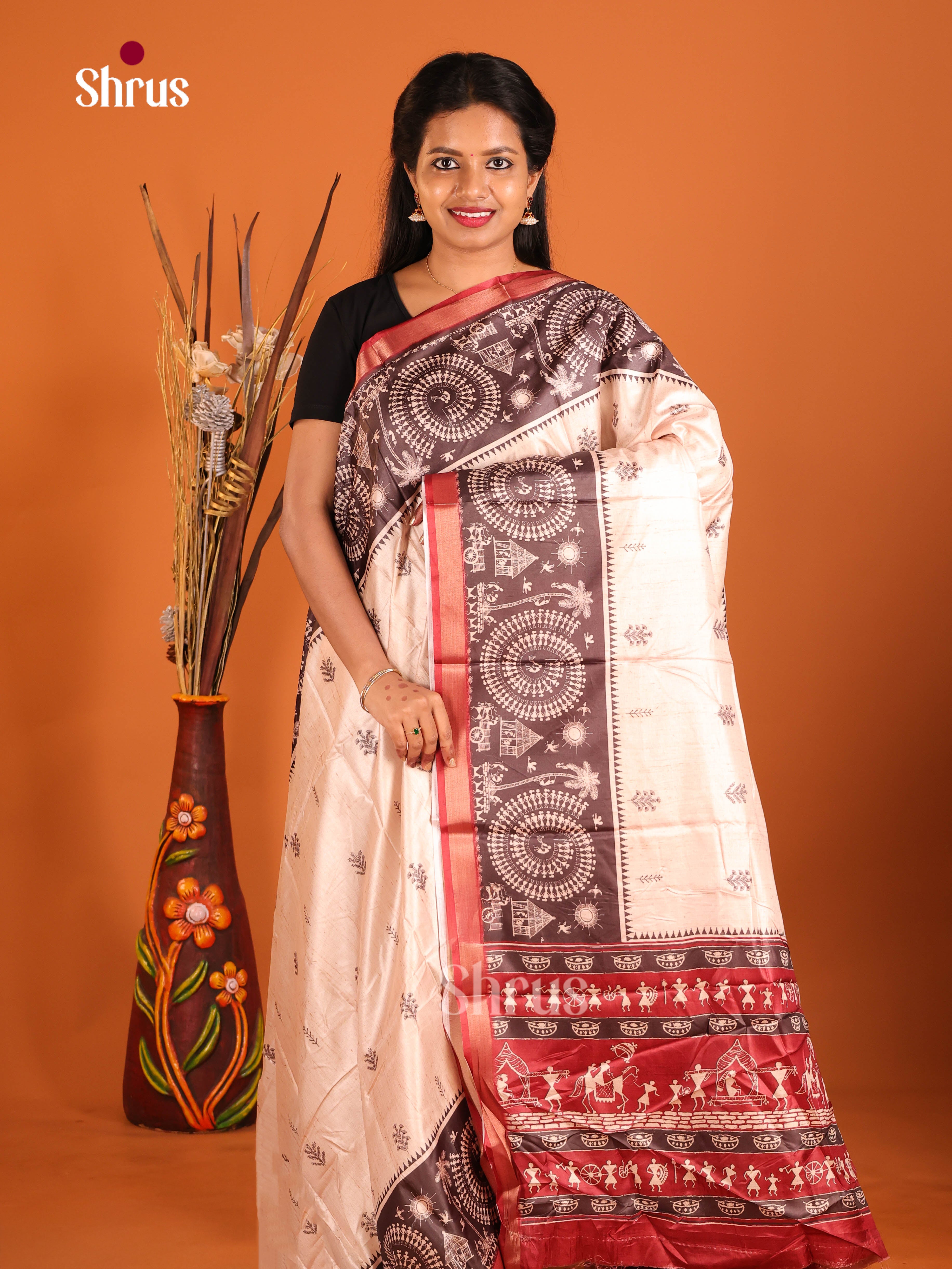 Cream & maroon - Art Modal Saree