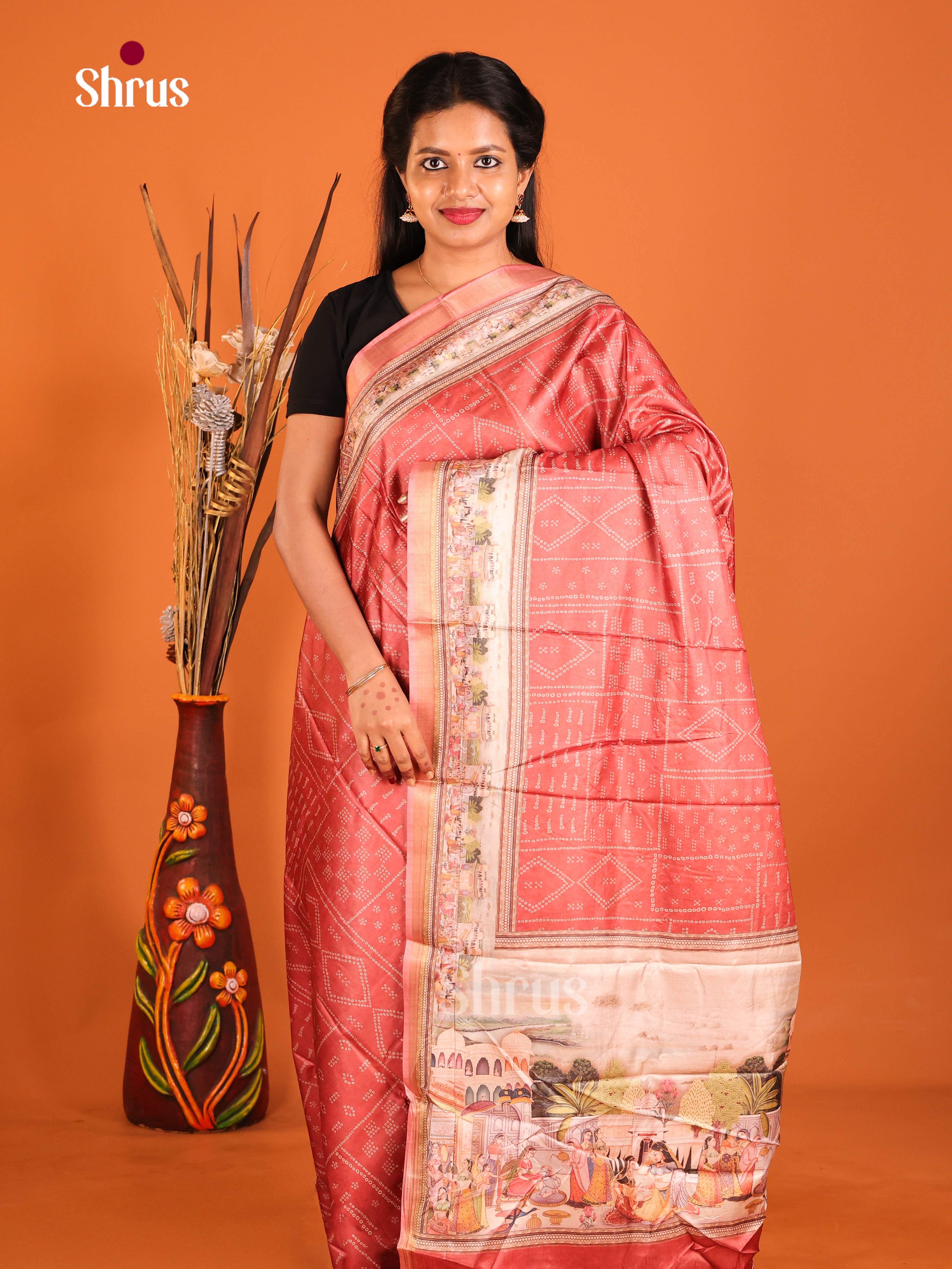 Peachish Pink & Cream - Art Modal Saree - Shop on Shrus.com