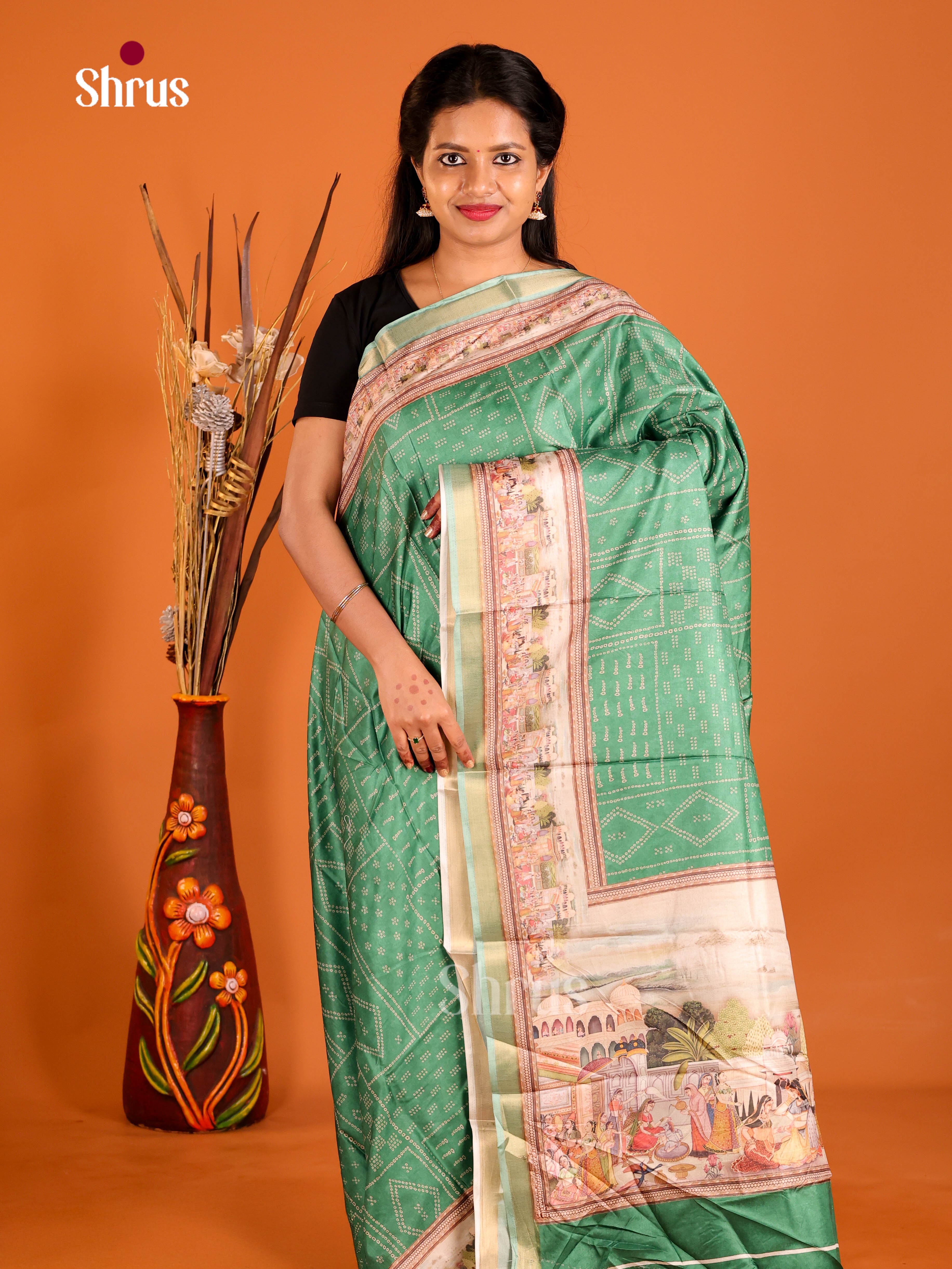 Green & Cream - Art Modal Saree - Shop on Shrus.com