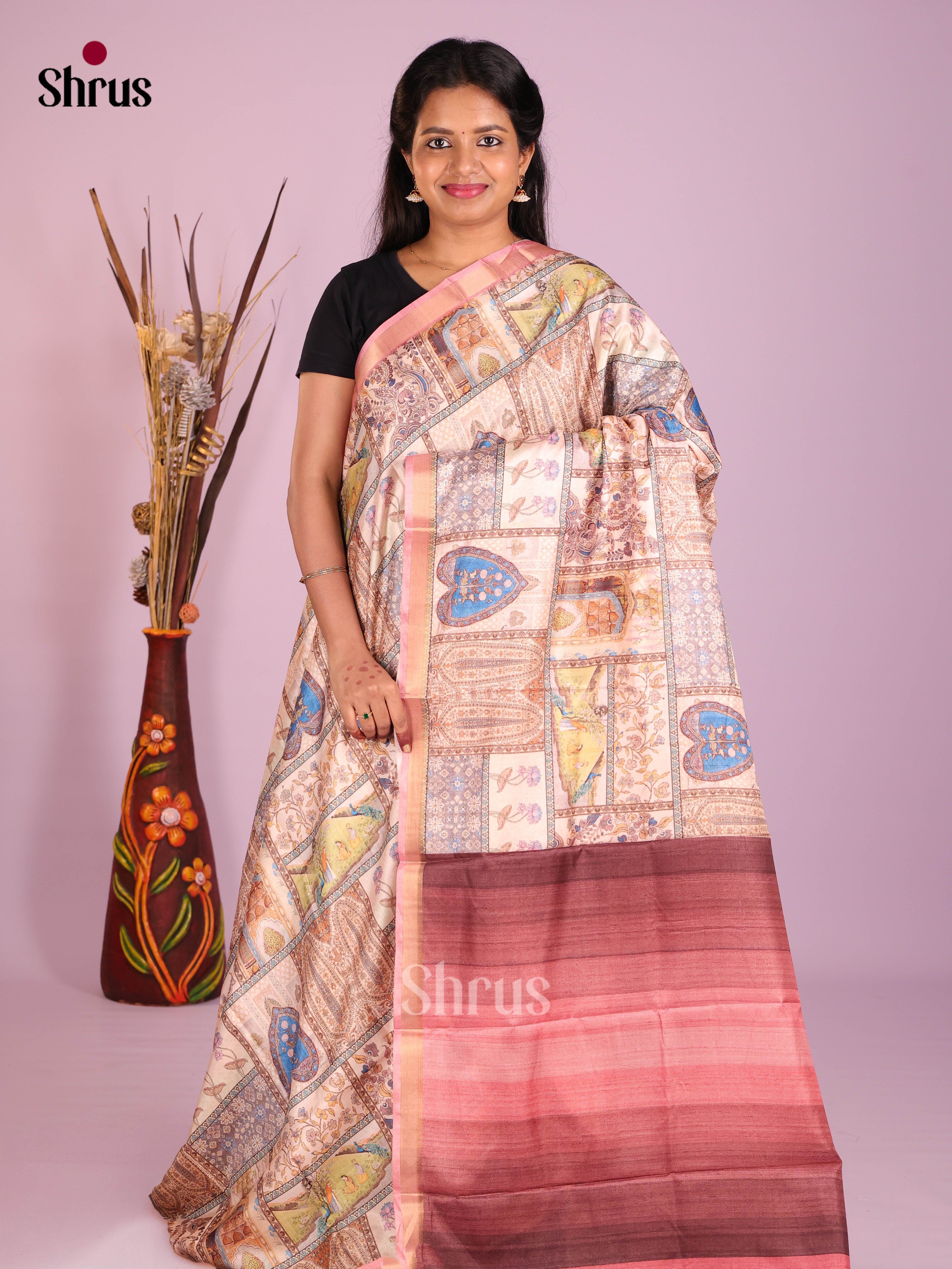 Cream & Red - Art Modal Saree