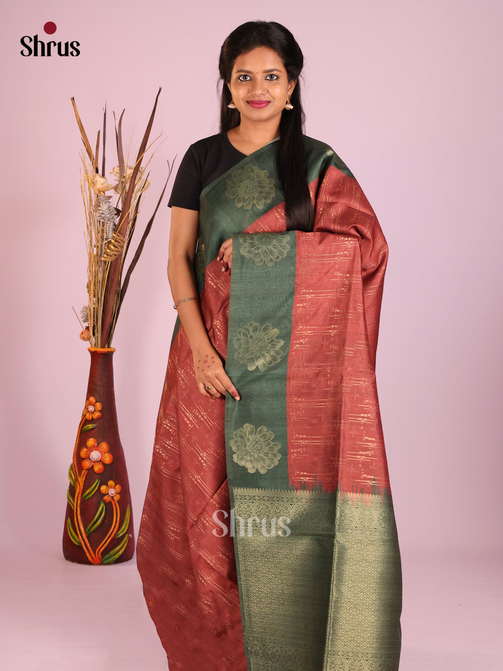 Maroon & Green - Semi Tussar Saree