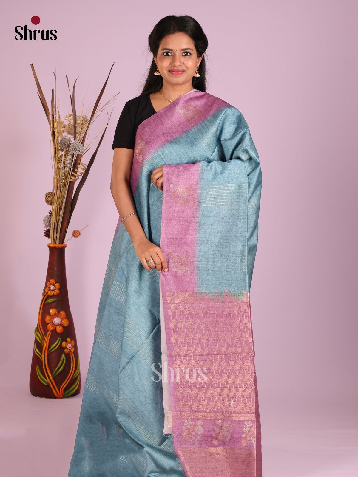 Blue & Lavender - Semi Tussar Saree