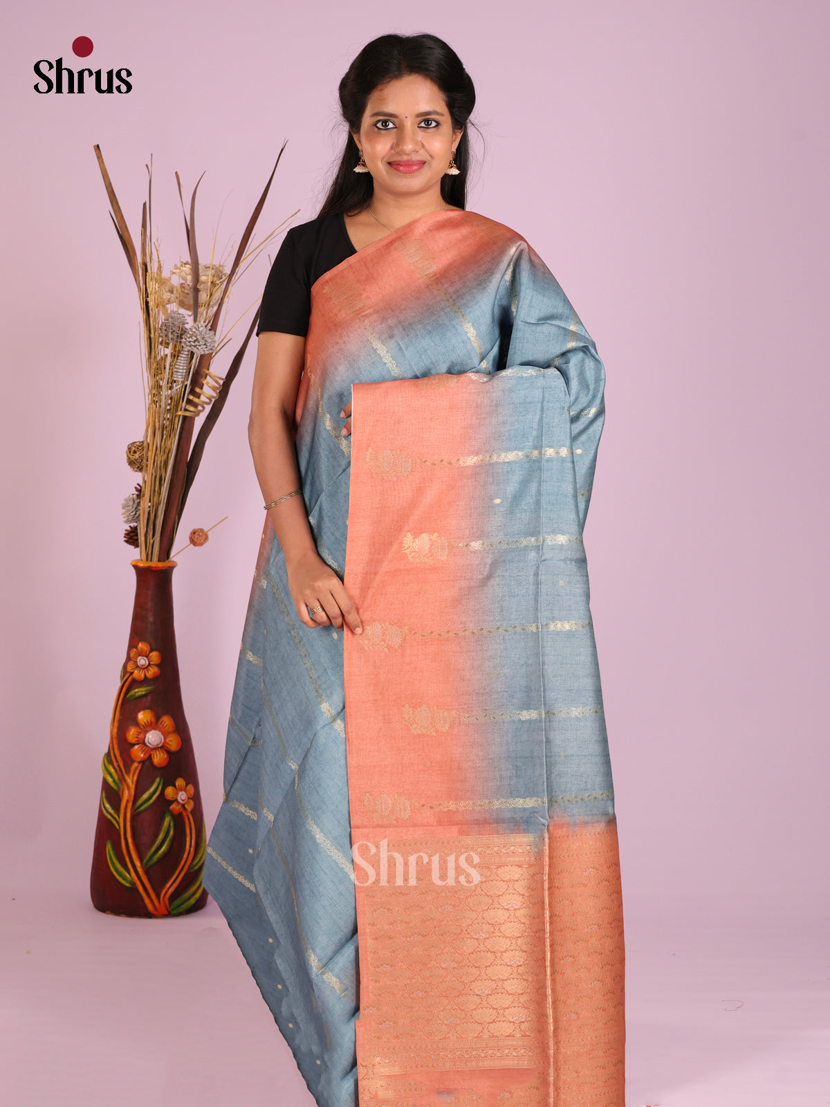 Blue & Peach - Semi Tussar Saree