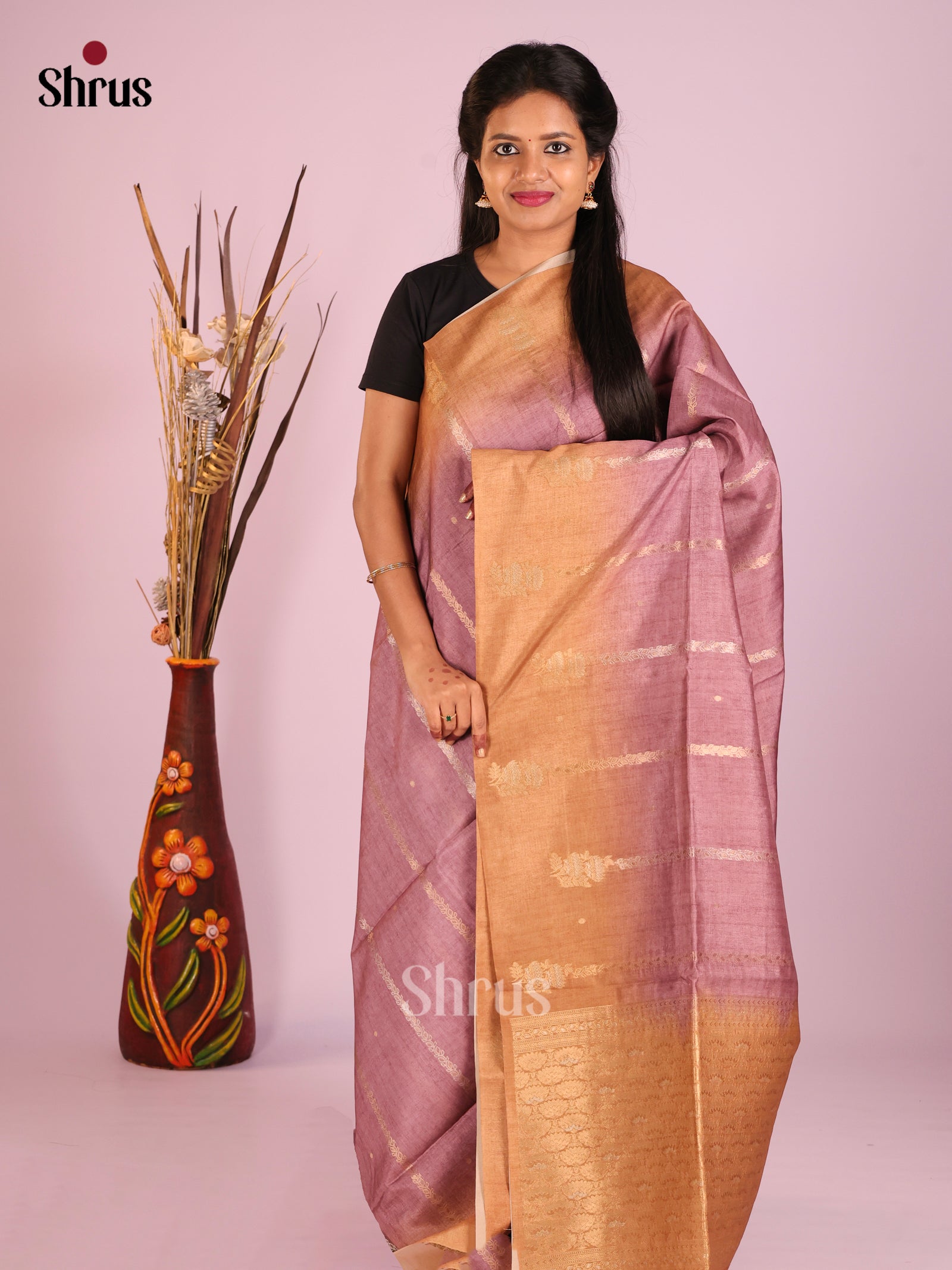 Purple & Brown - Semi Tussar Saree