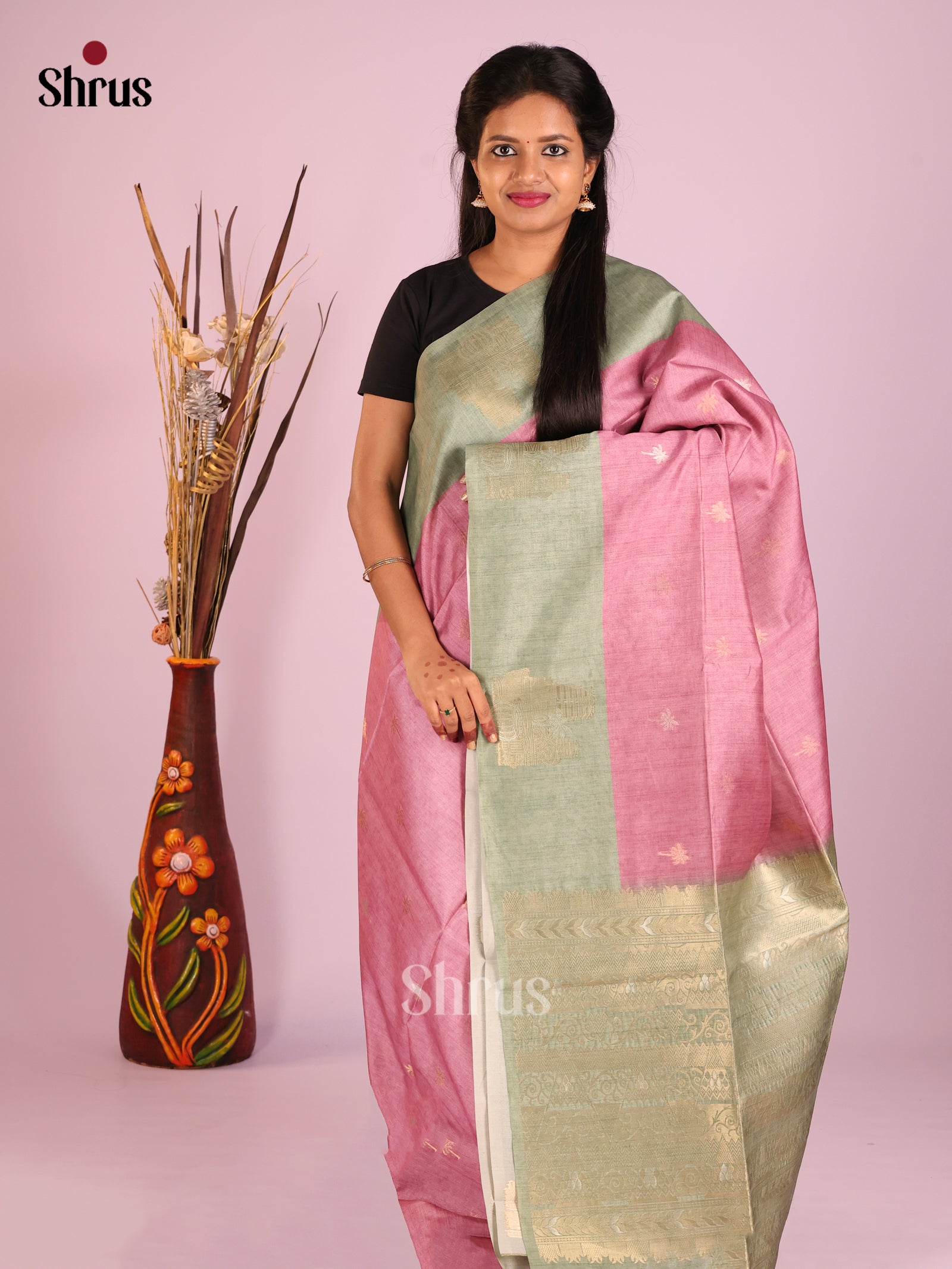 Pink & Green- Semi Tussar Saree
