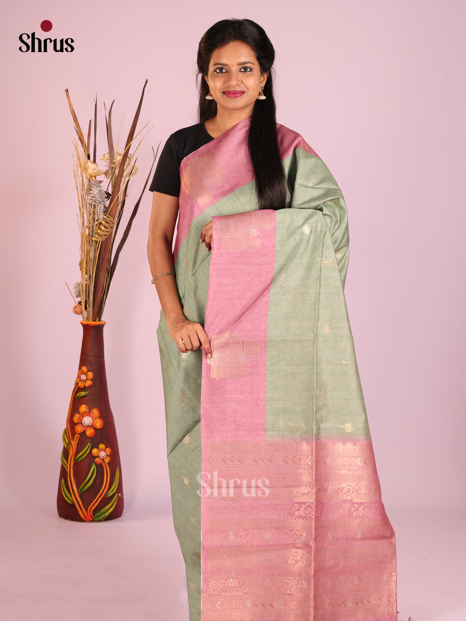 Pastel Green & Pink - Semi Tussar Saree