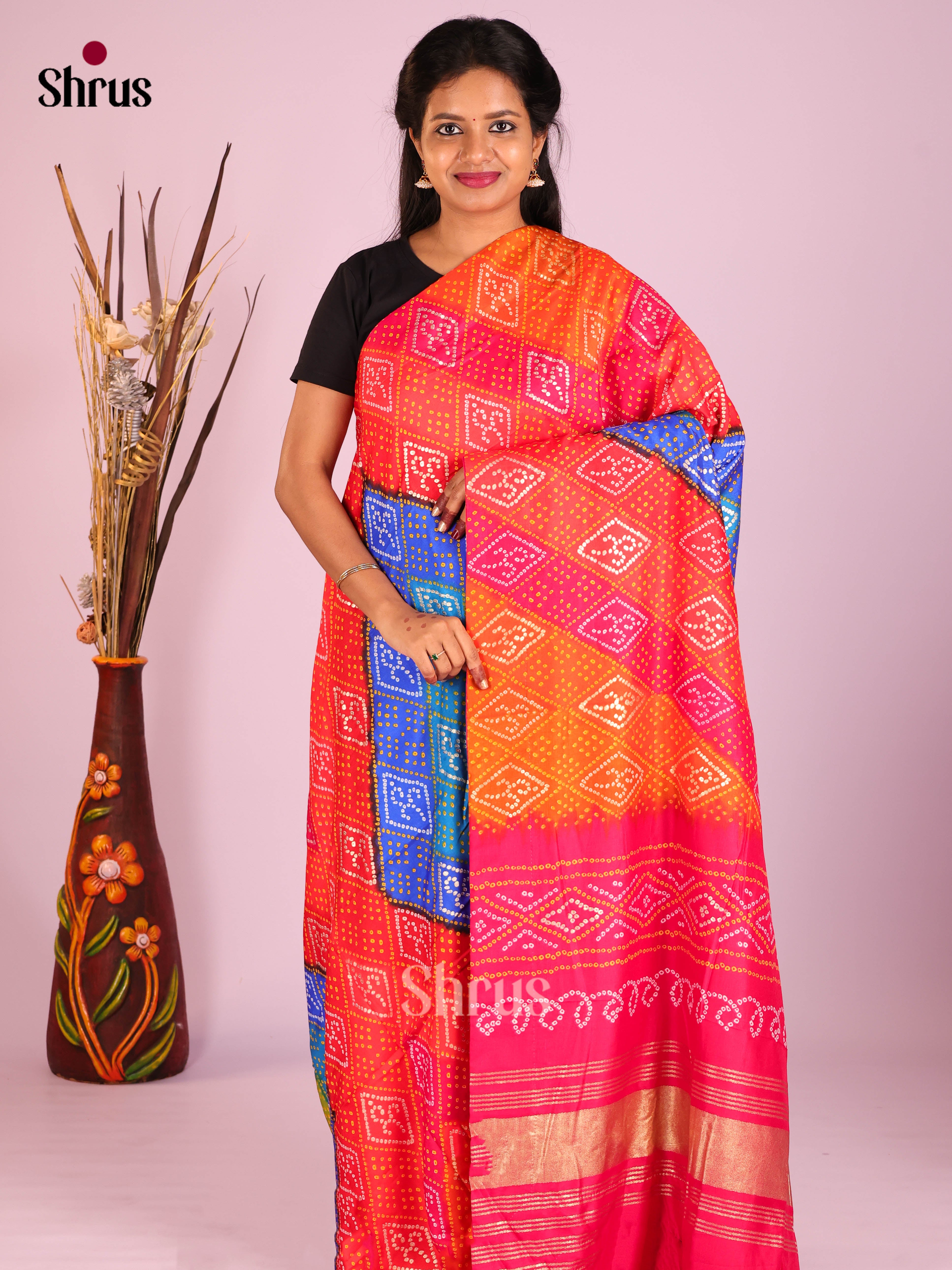 Multicolor & Pink - Bandhini Saree