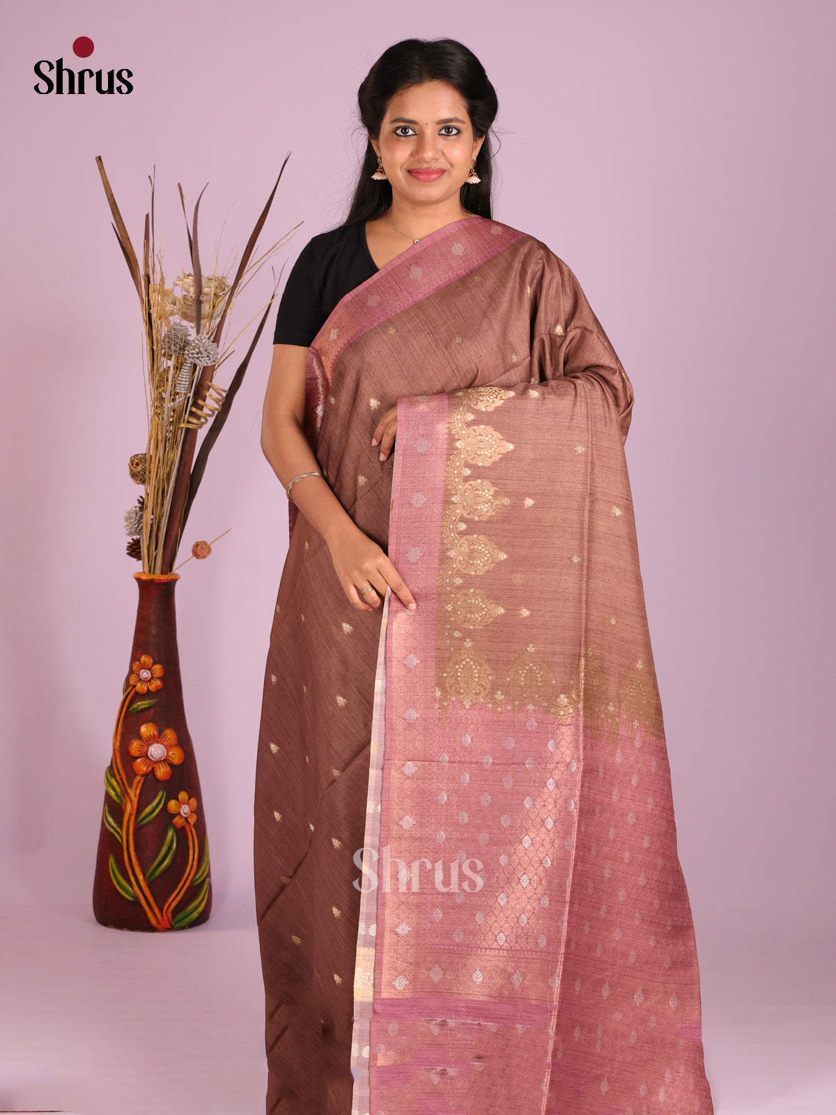 Brown & Purple - Semi Tussar Saree