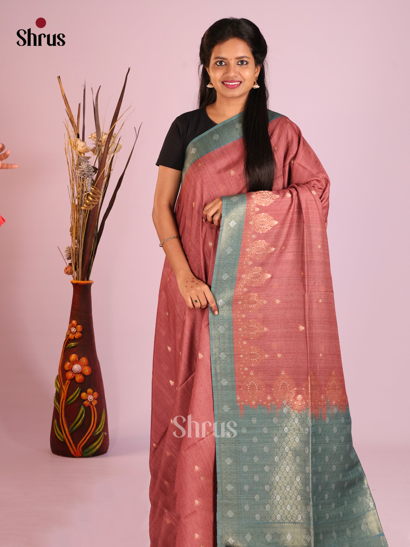 Brown & Blue - Semi Tussar Saree