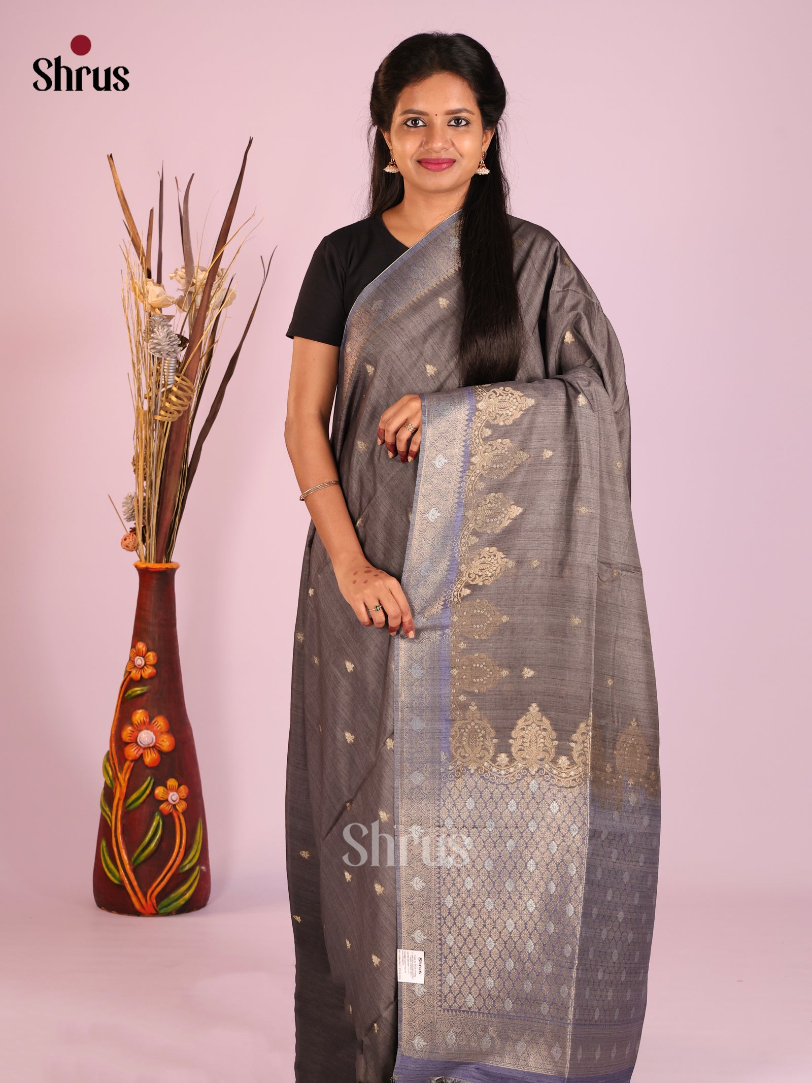 Grey & Purple- Semi Tussar Saree