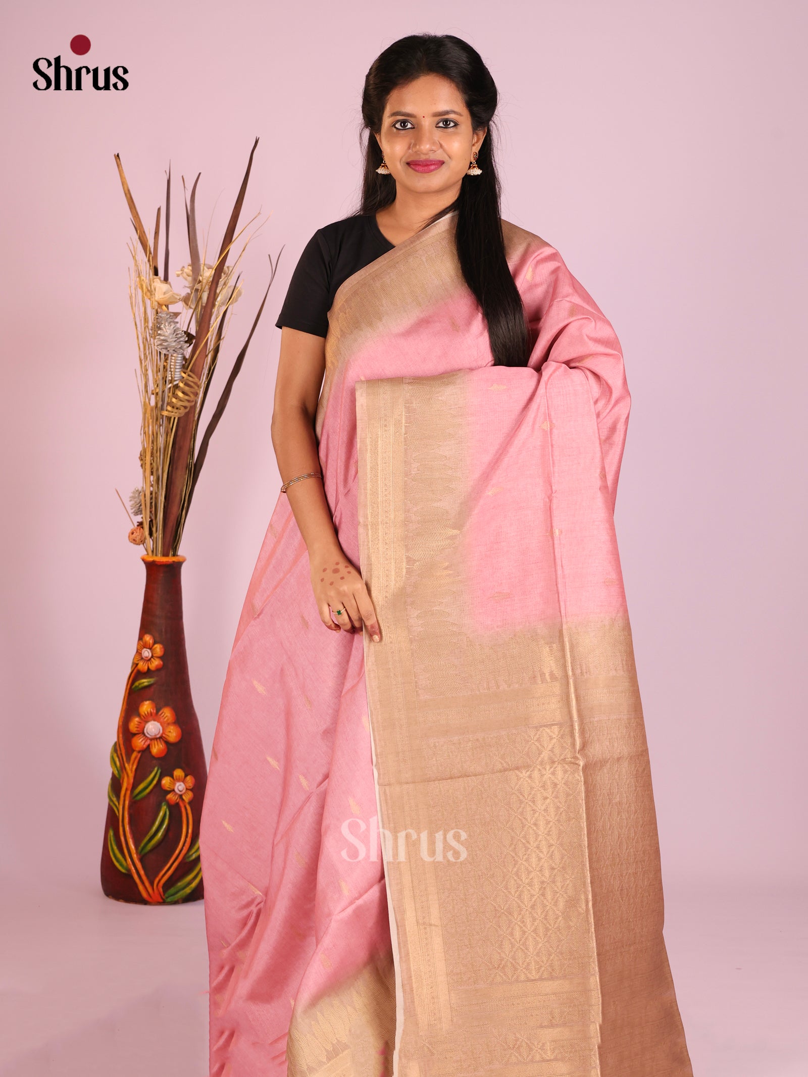Pink & Brown- Semi Tussar Saree