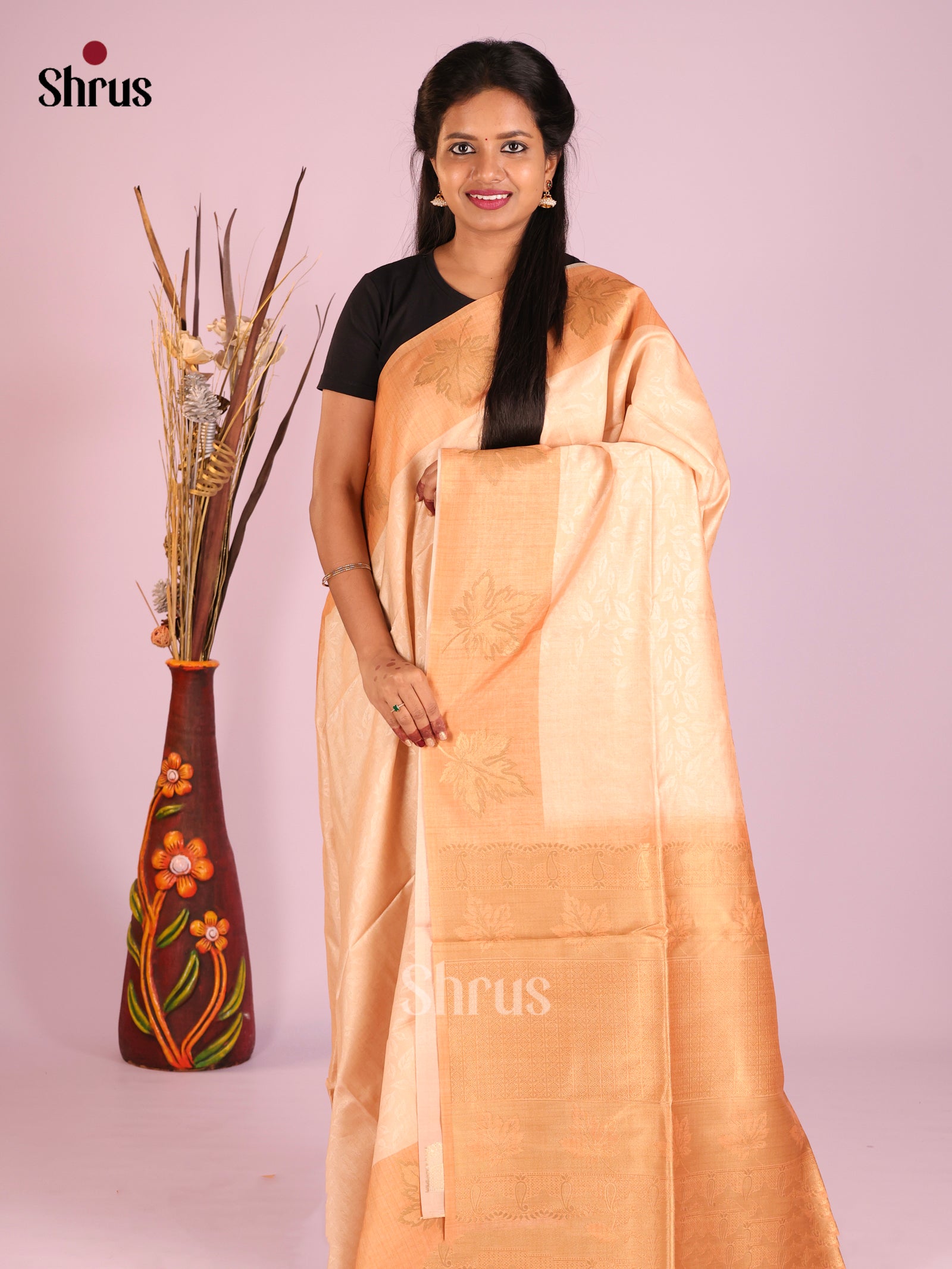Mild Peach & Brown - Semi Tussar Saree