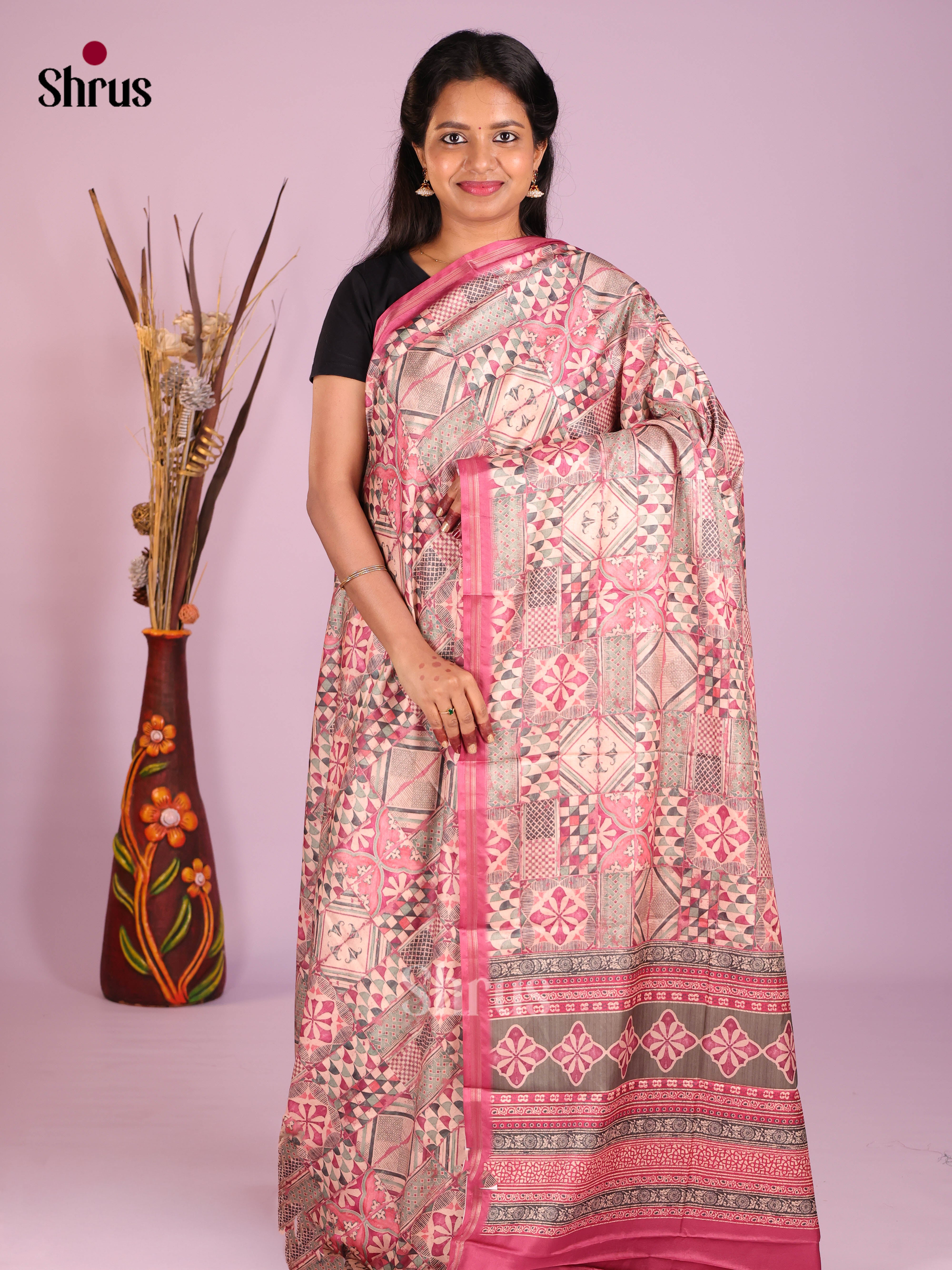 Cream & Pink - Art Modal Saree