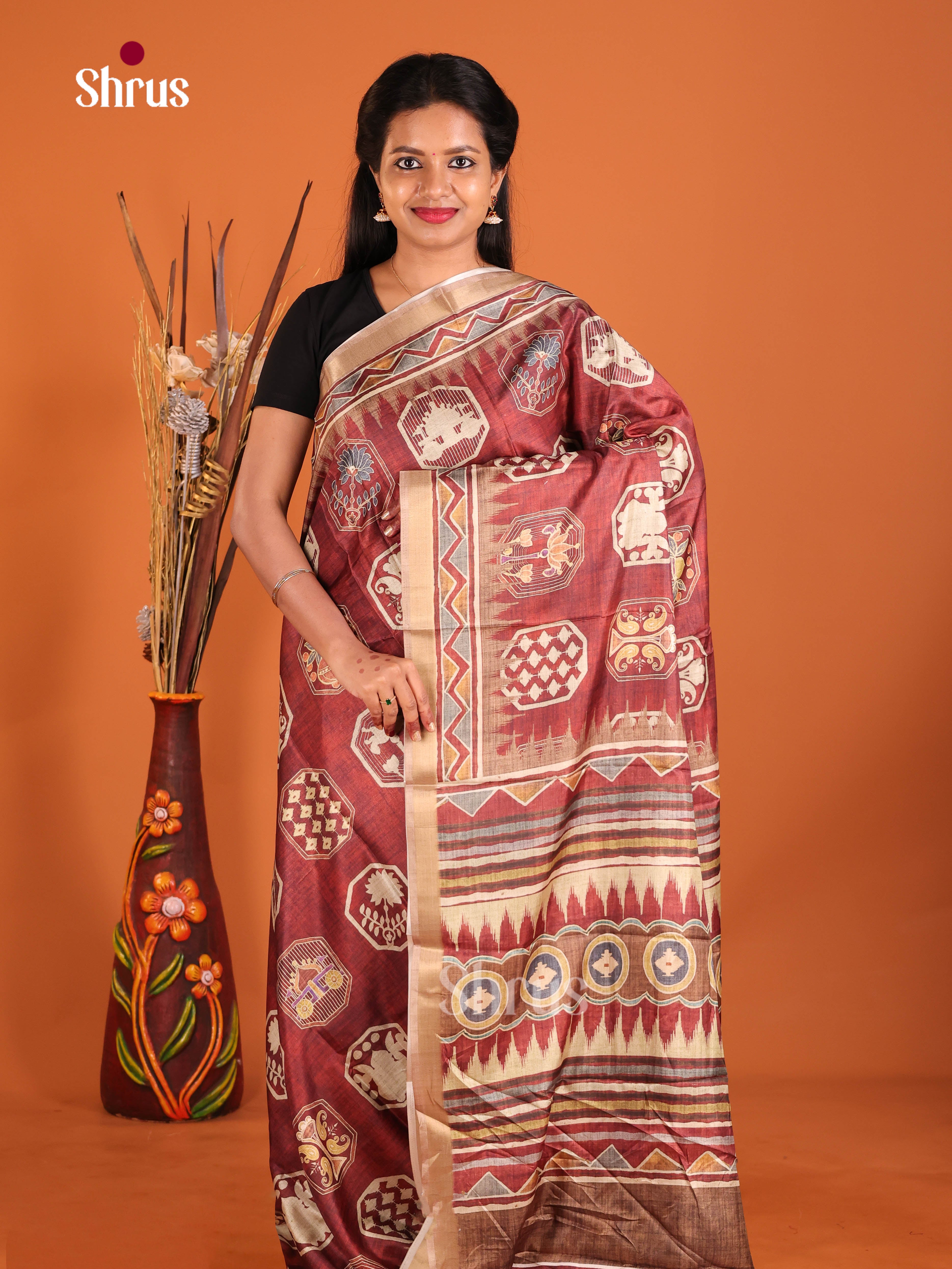 Maroon - Art Modal Saree - Shop on Shrus.com