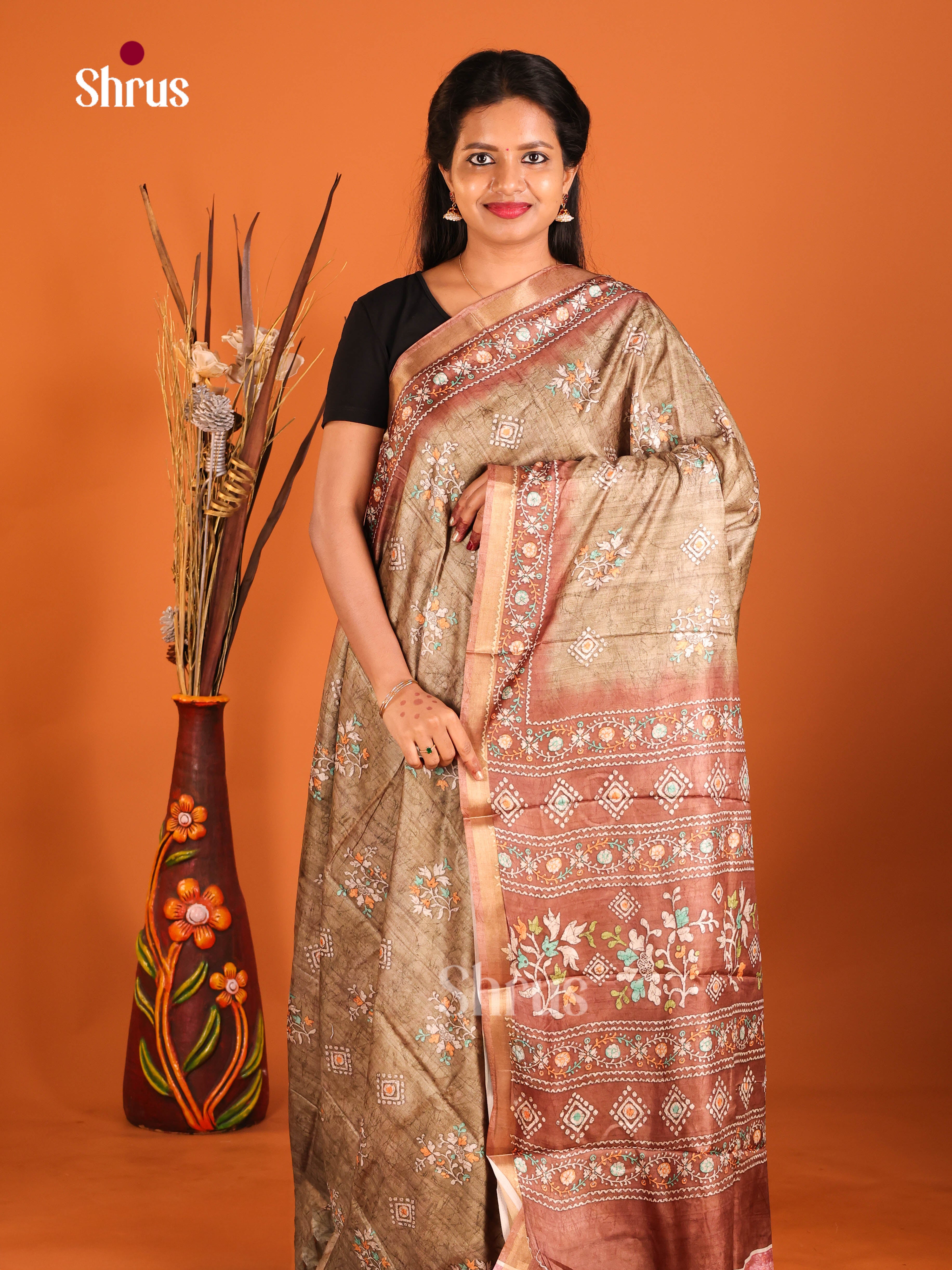Light Brown & Brown - Art Modal Saree - Shop on Shrus.com