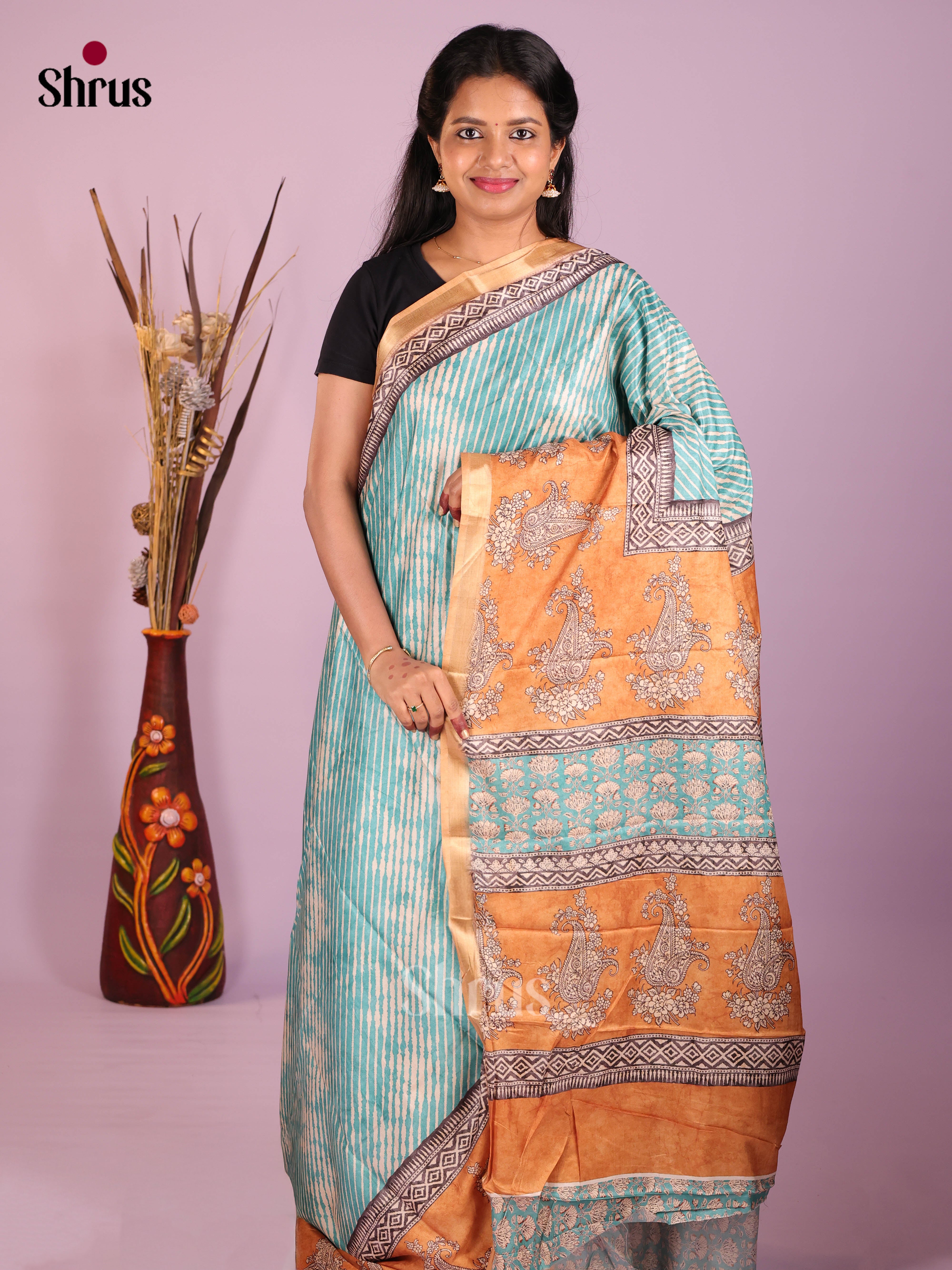 Light Blue & Orange - Art Modal Saree - Shop on Shrus.com