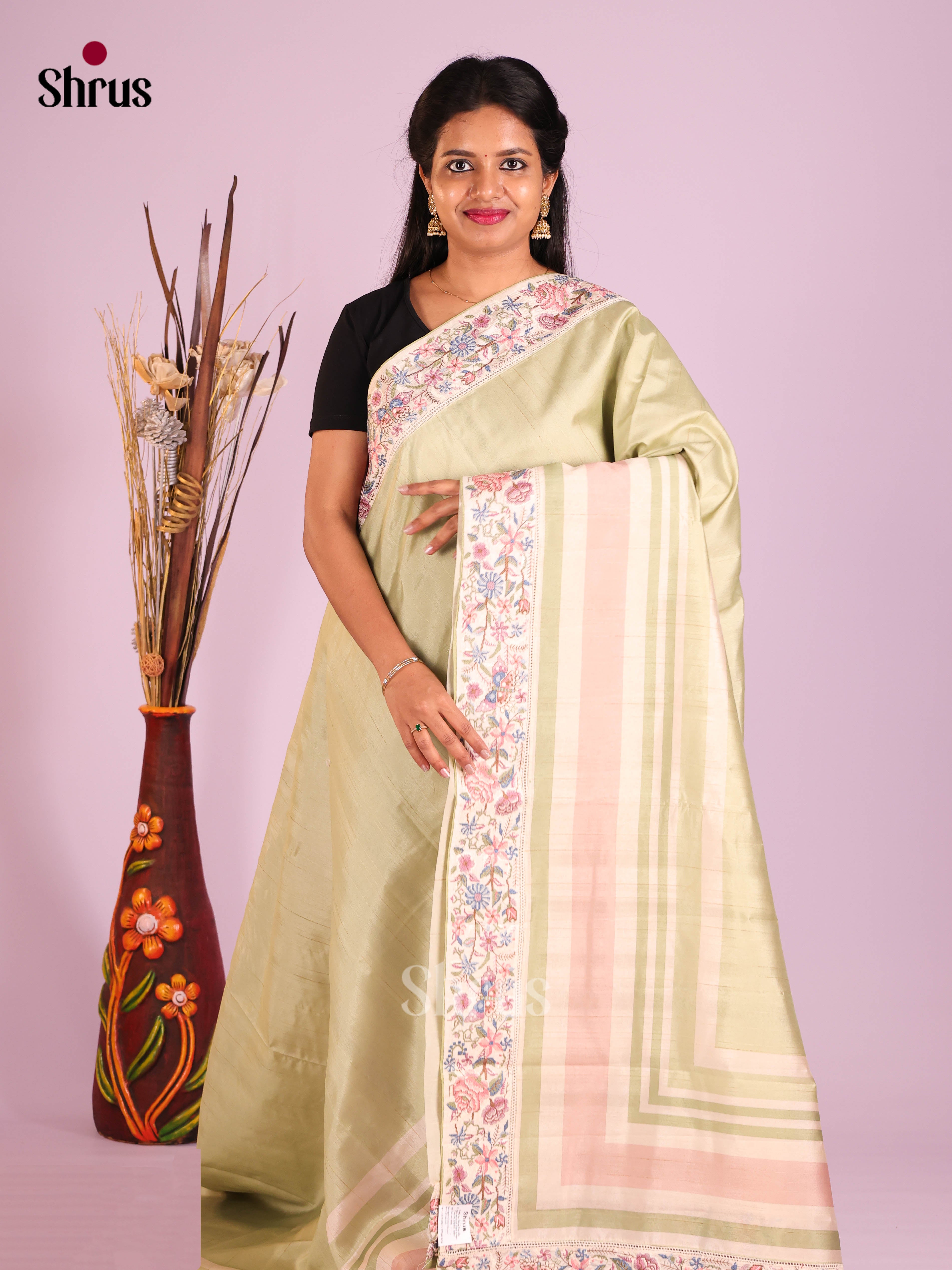 Pastel Green & Cream - Semi Dupion Saree