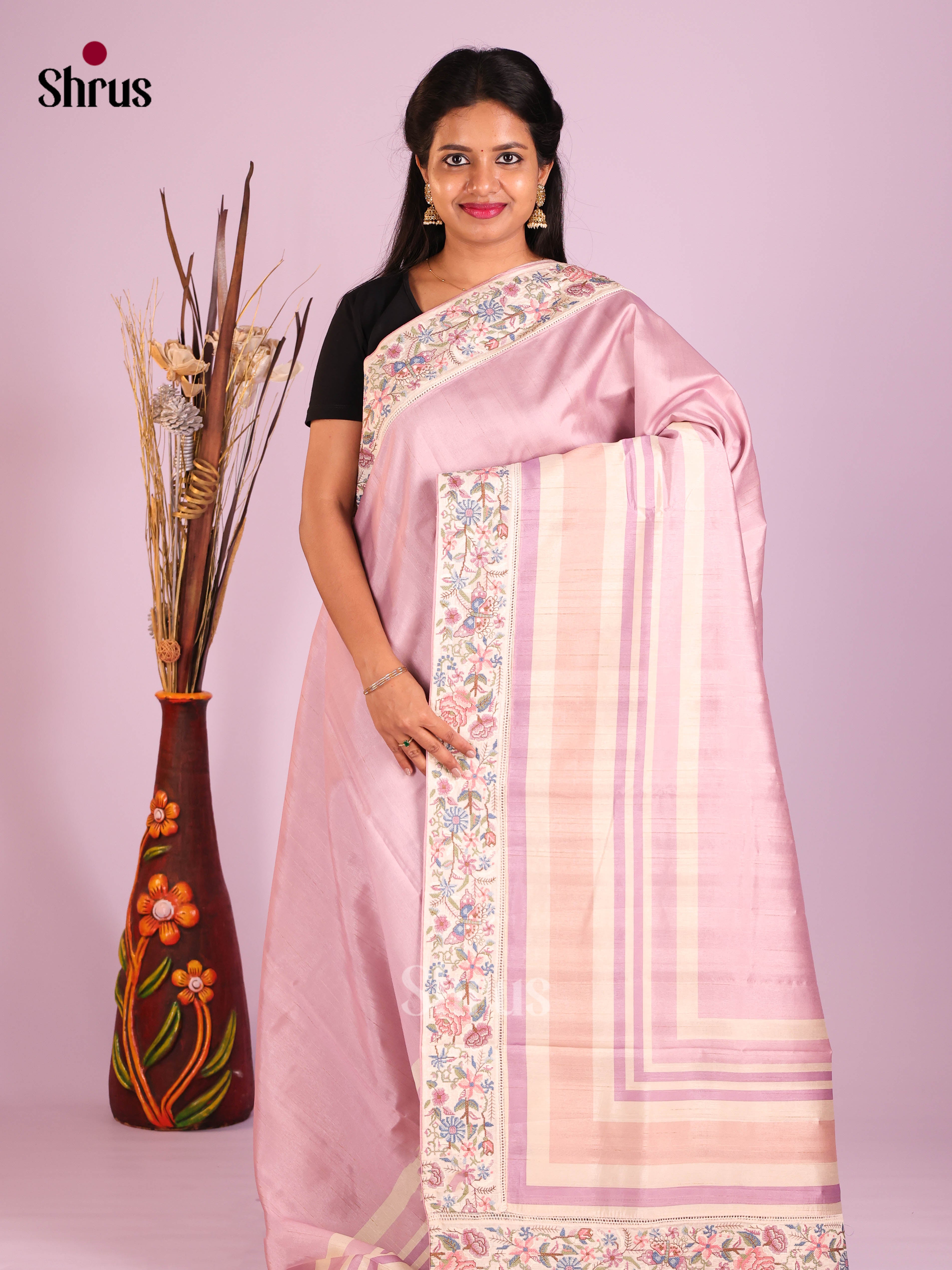 Lavender & Cream - Semi Dupion Saree