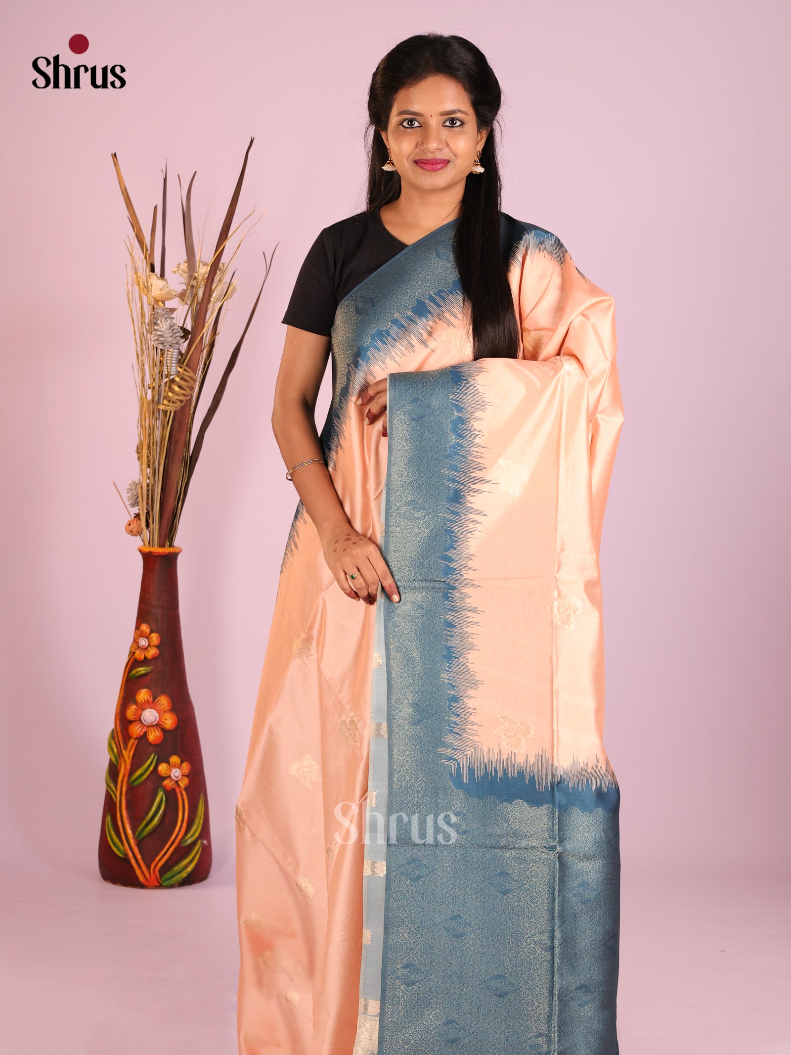 Peach & Blue - Semi Tussar Saree