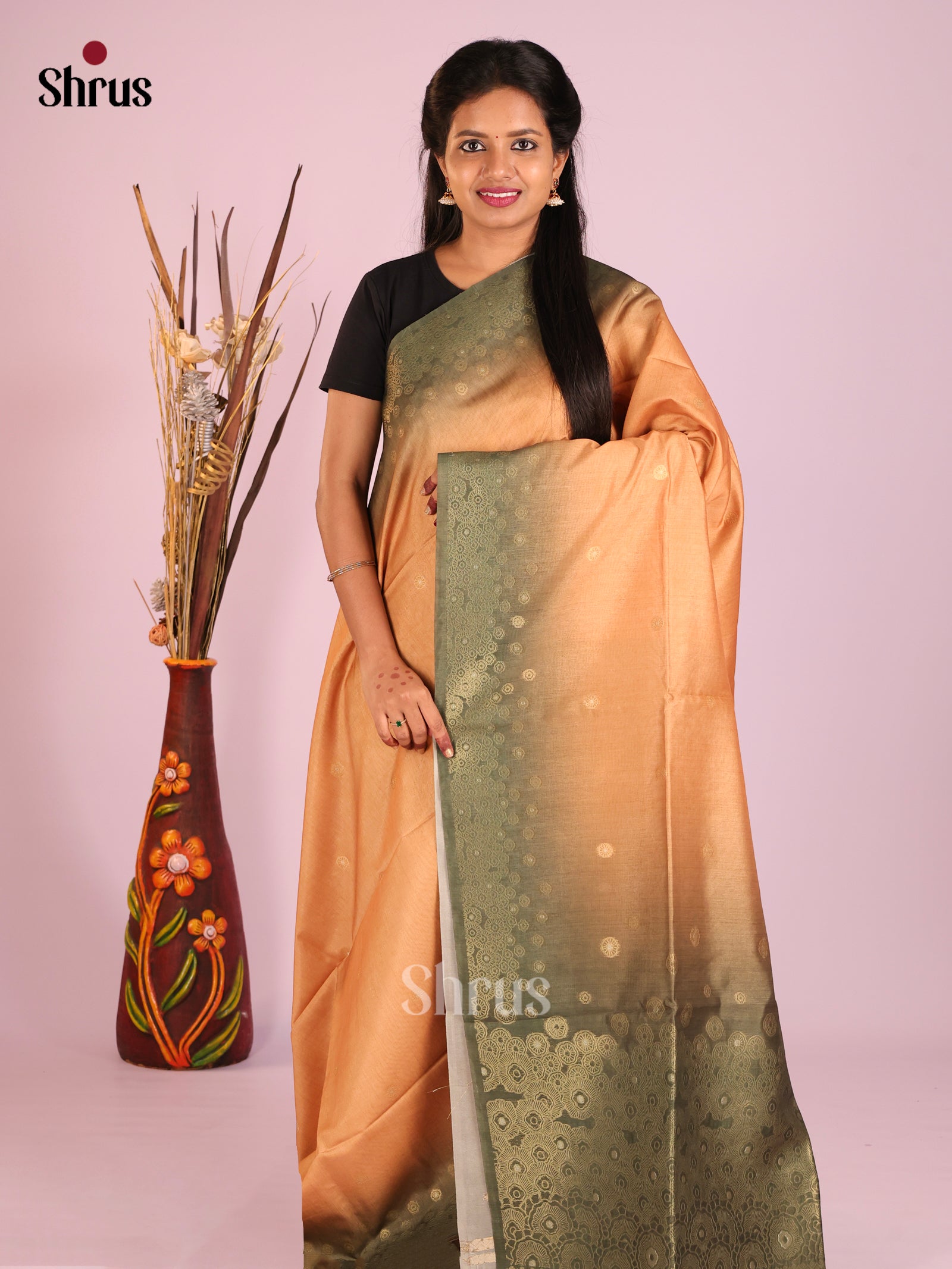 Brown & Green - Semi Tussar Saree