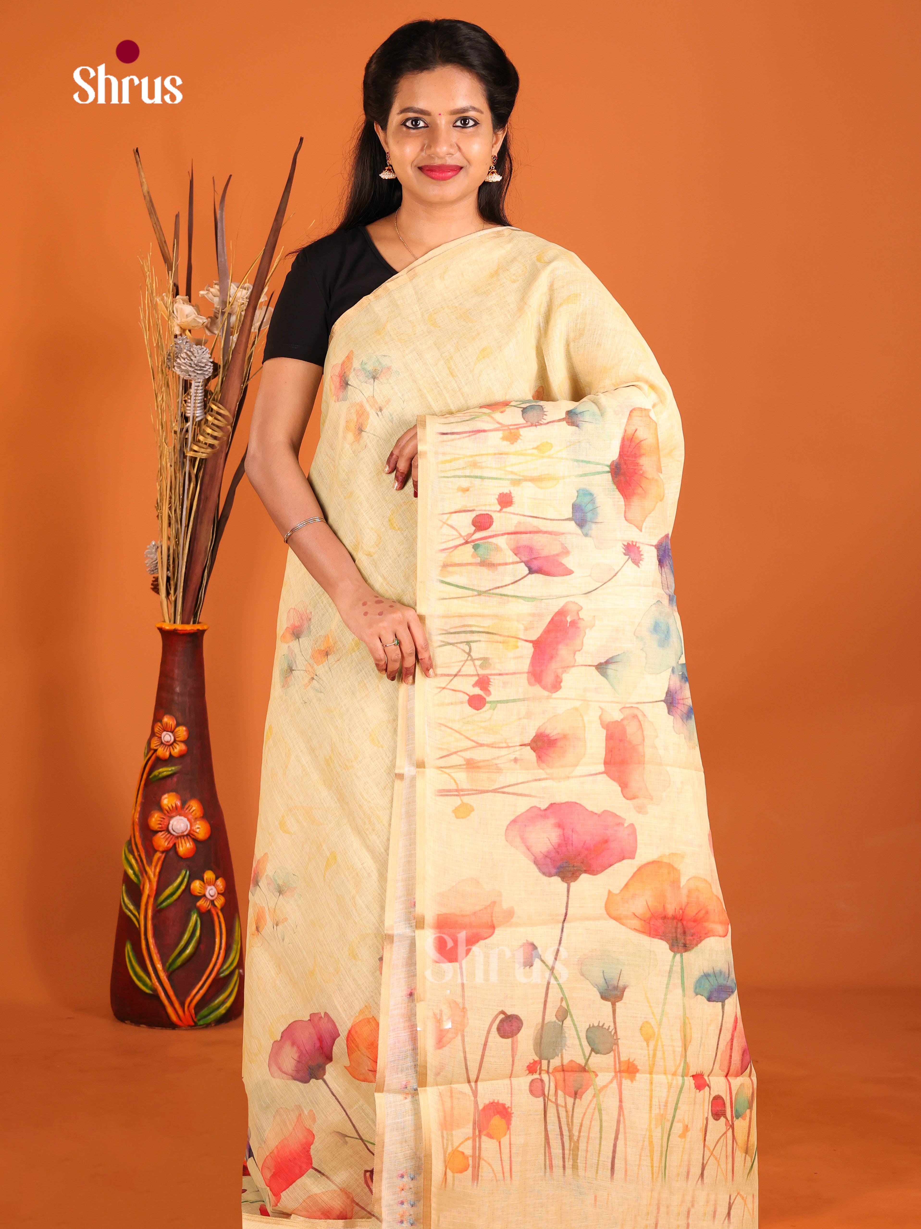 Pastel Yellow - Linen Cotton Saree - Shop on Shrus.com