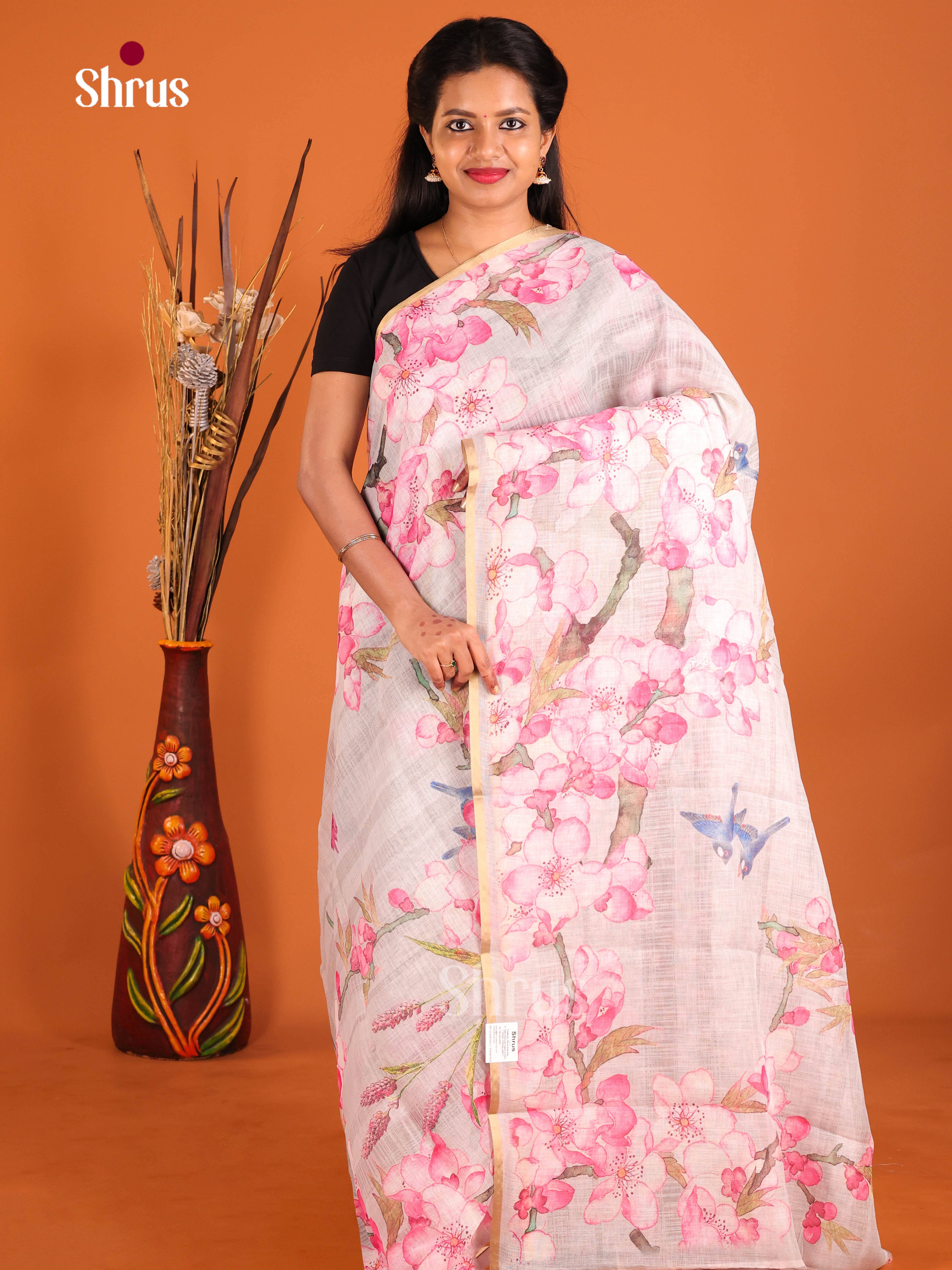 Grey & Pink - Linen Cotton Saree - Shop on Shrus.com