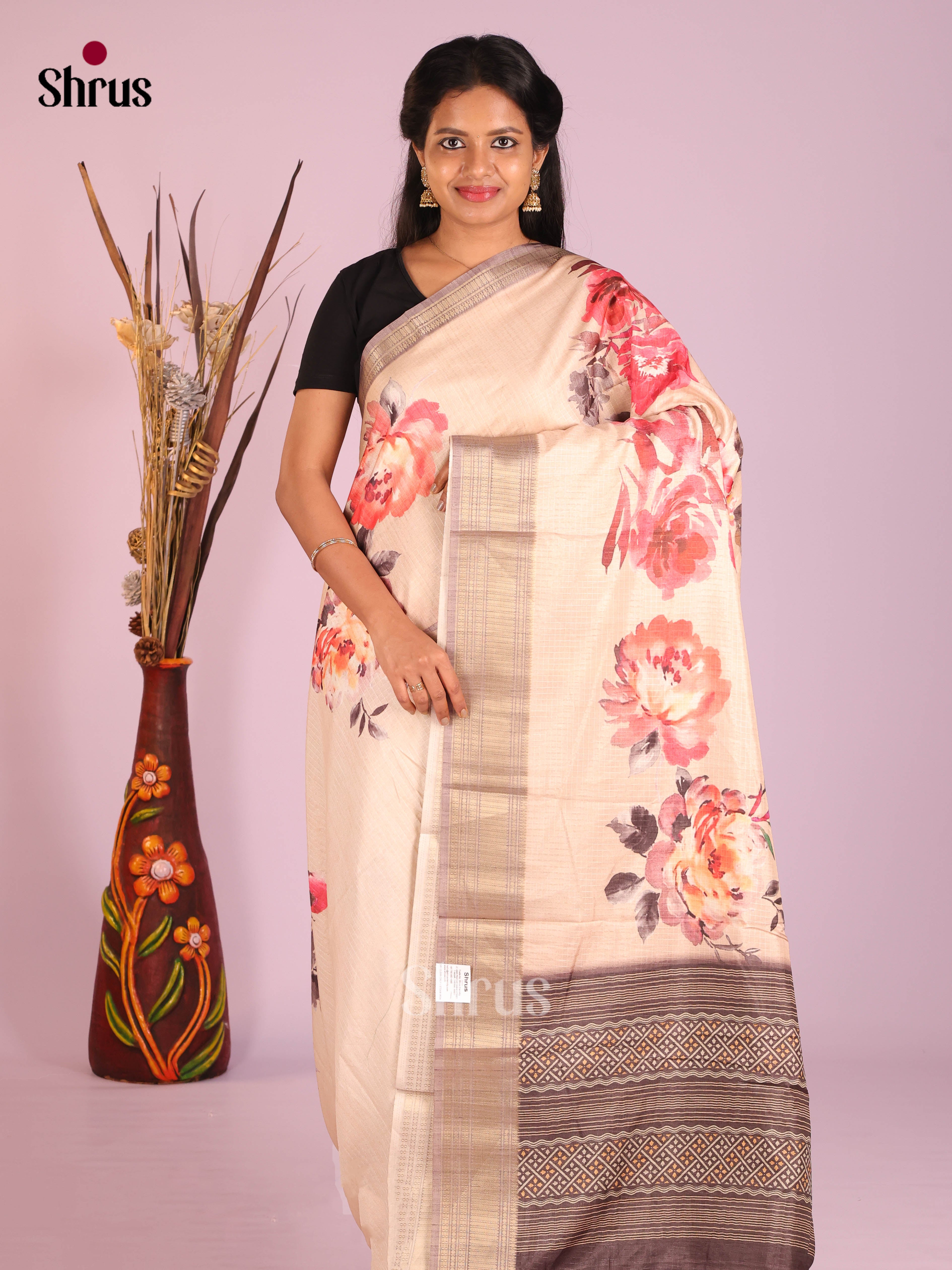 Cream & Brown - Semi Dola silk Saree