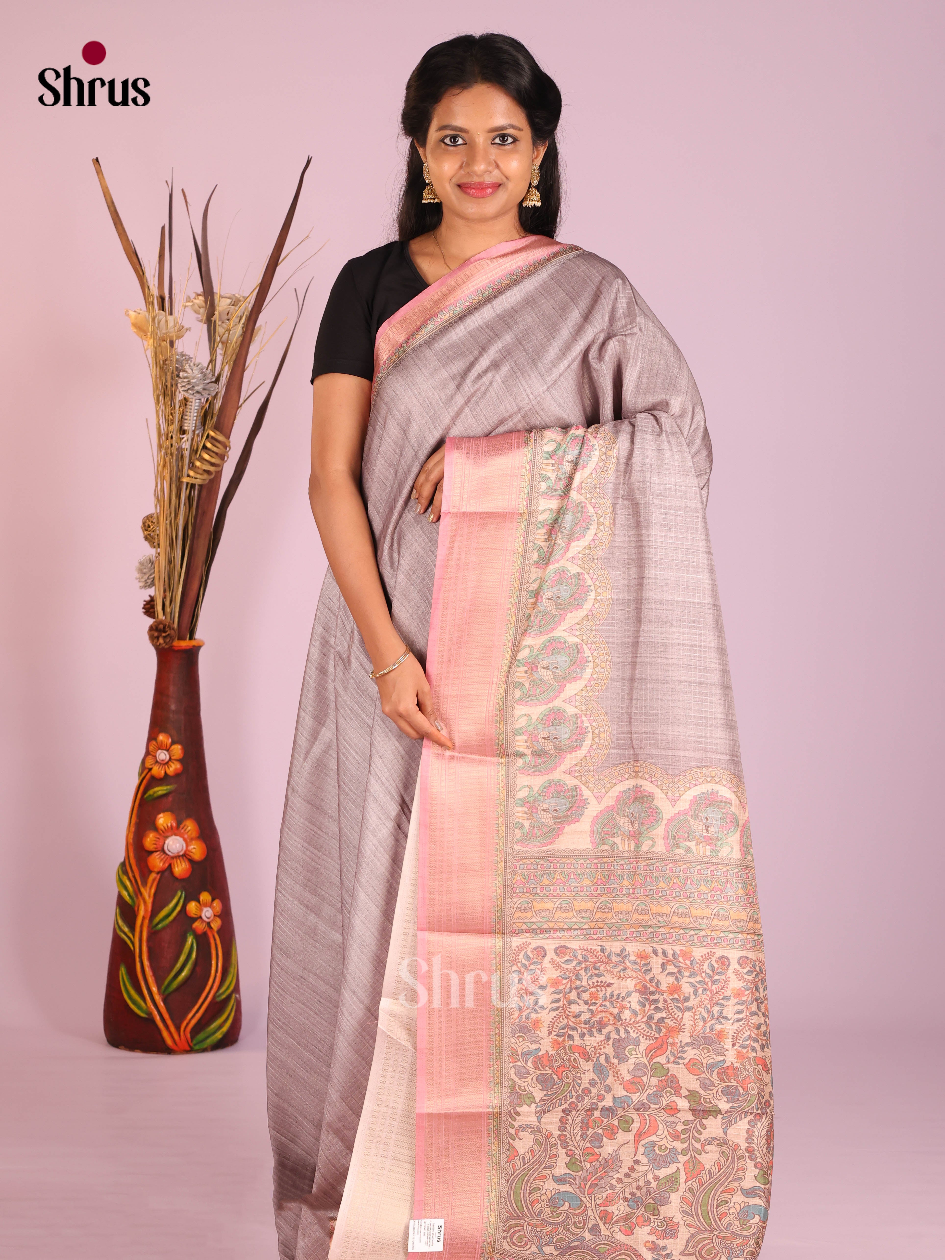 Grey & Pink - Semi Dola silk Saree - Shop on Shrus.com