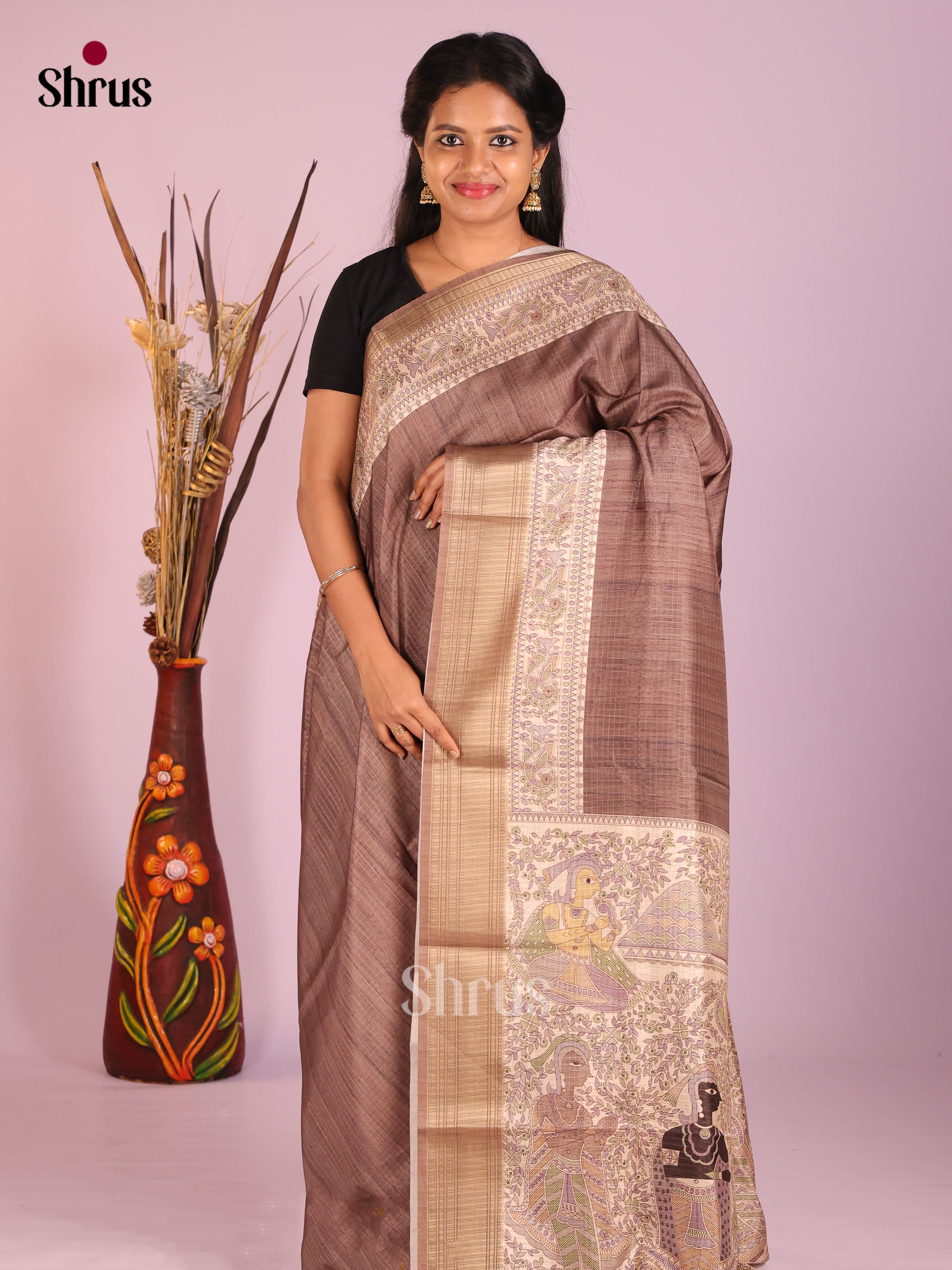 Brown & Cream - Semi Dola silk Saree