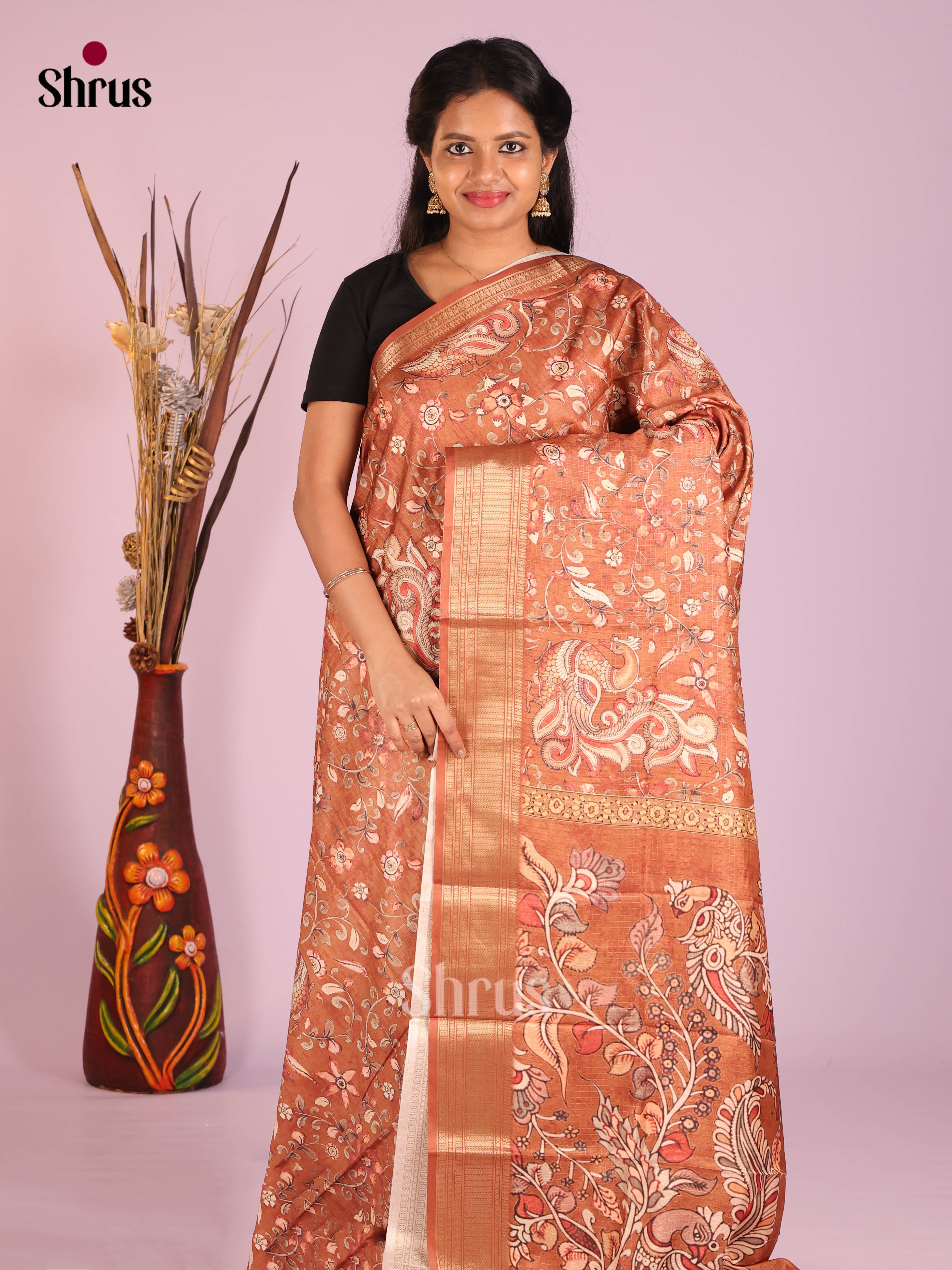 Brown - Semi Dola silk Saree