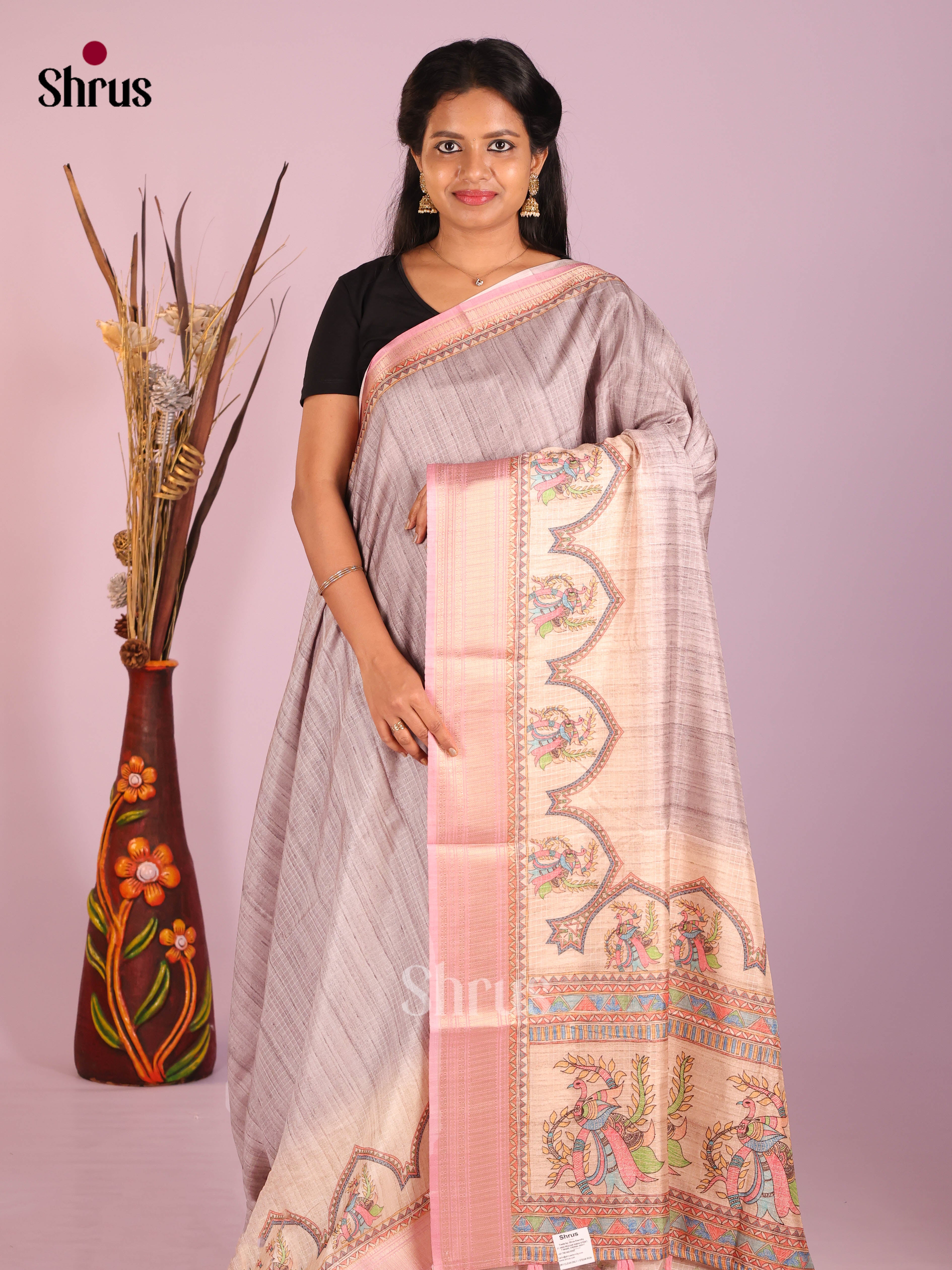 Grey & Pink - Semi Dola silk Saree