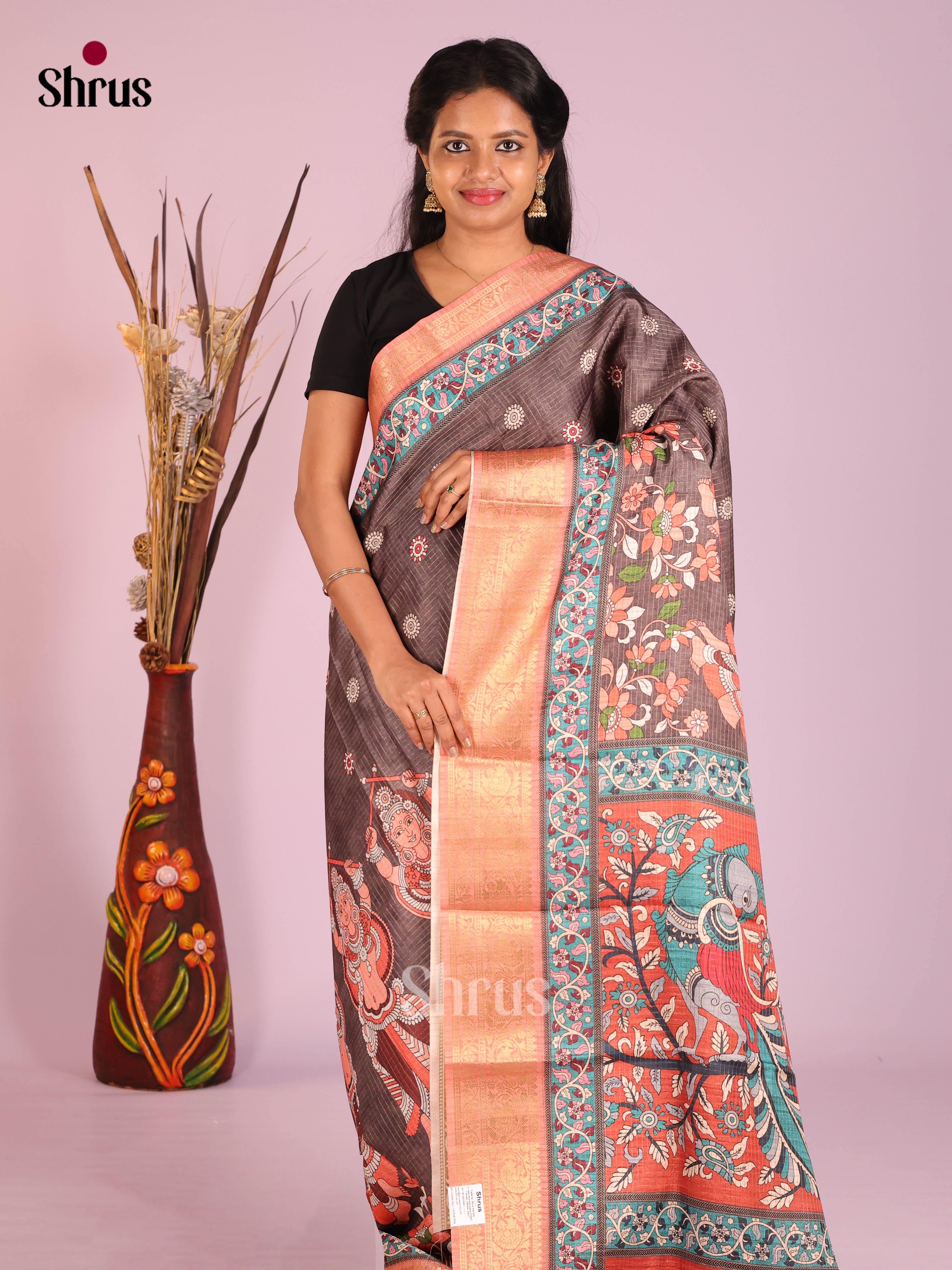 Elephant Grey & Red- Semi Dola silk Saree
