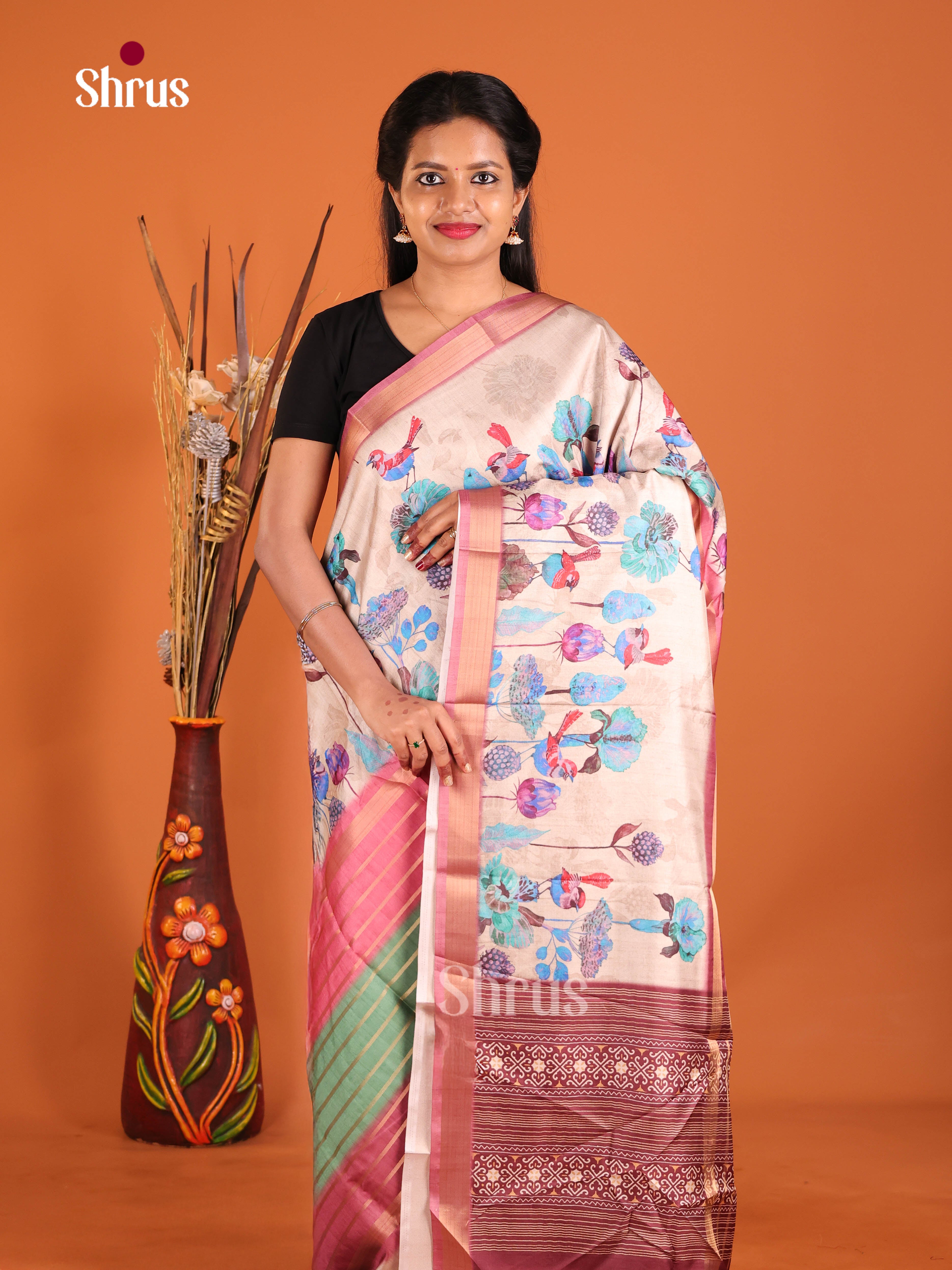 Pink & Cream - Semi matka Saree