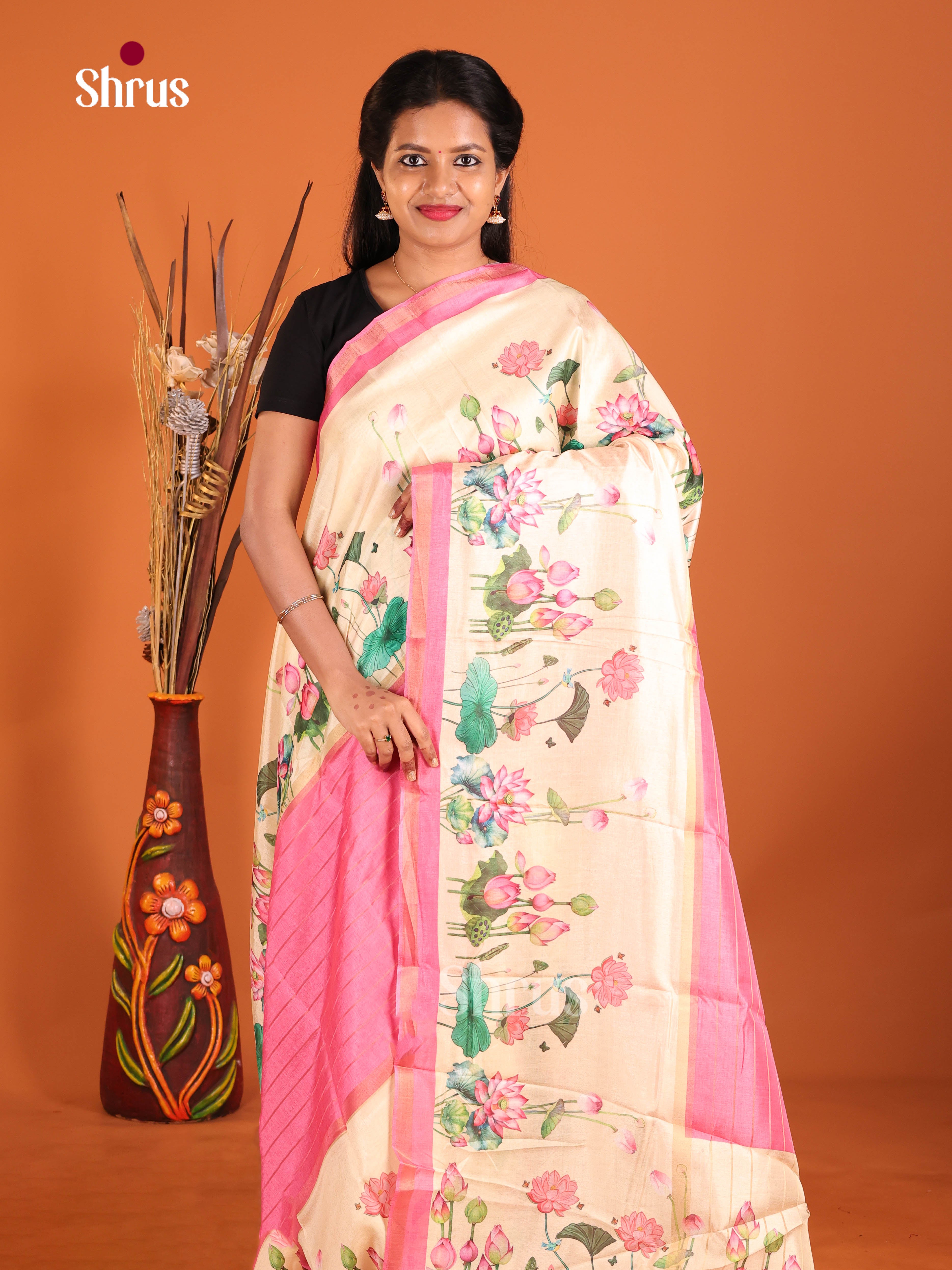 Cream & Pink - Semi matka Saree