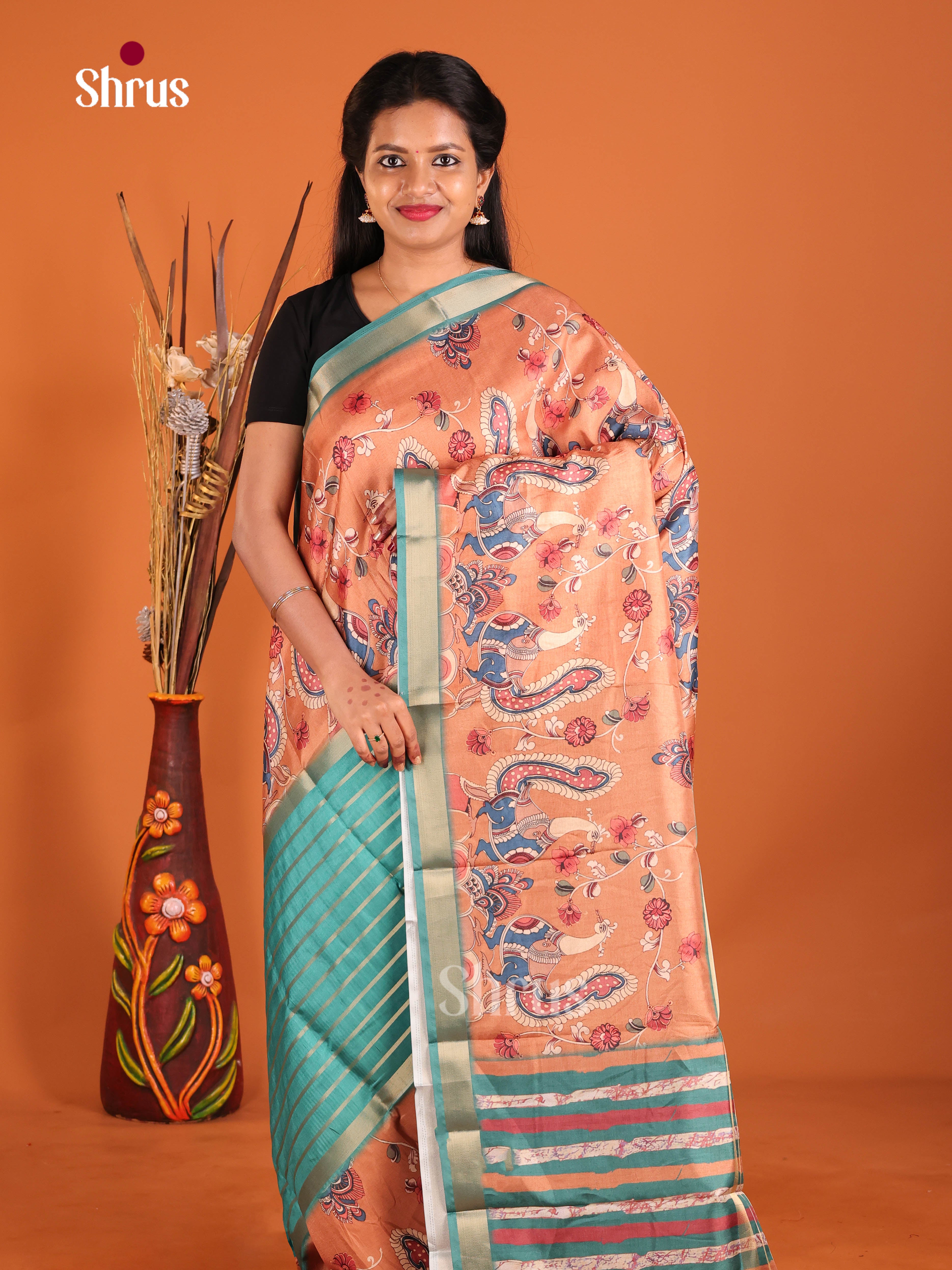 Green & Peach - Semi matka Saree