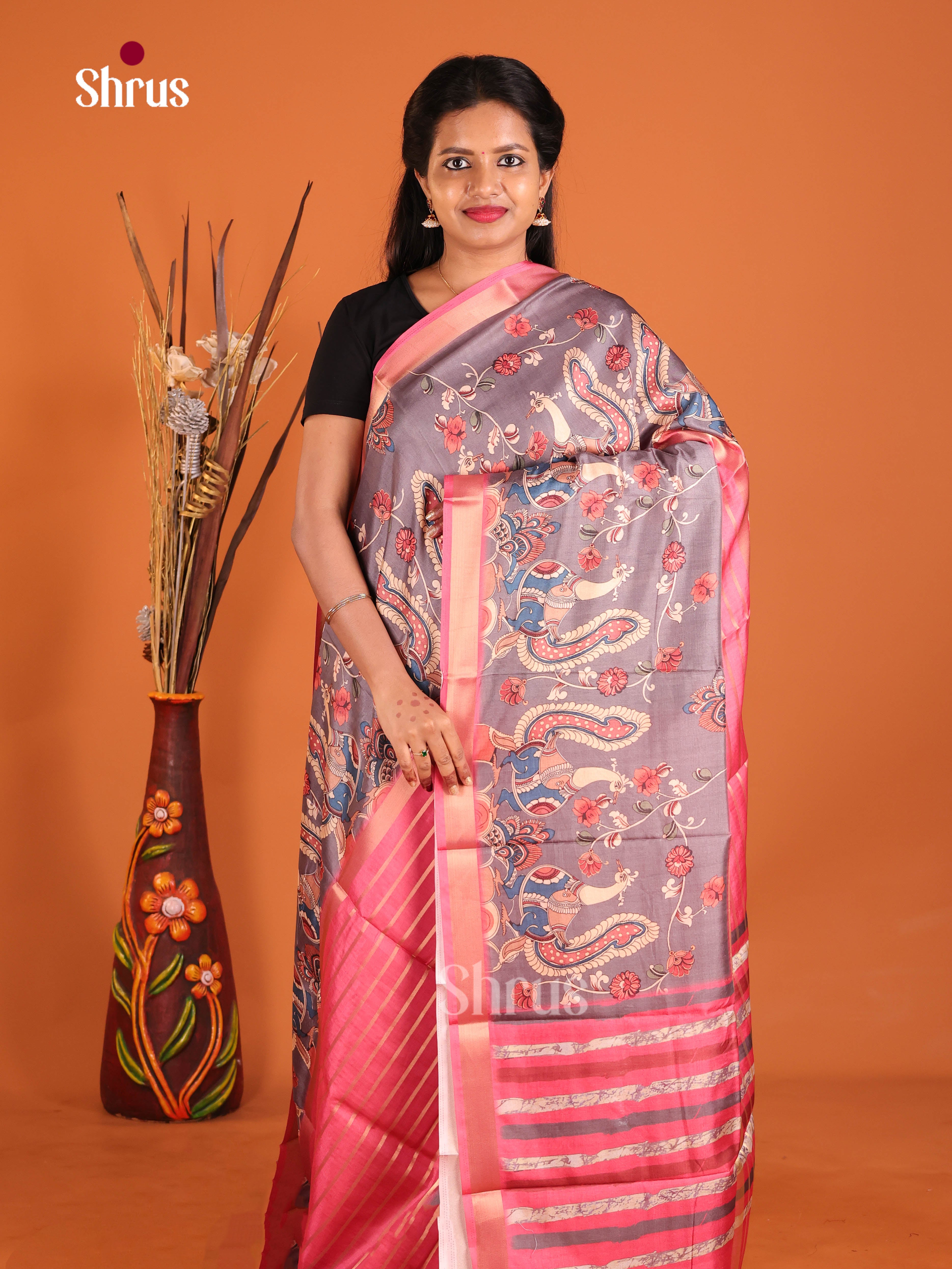 Pink & Grey - Semi matka Saree