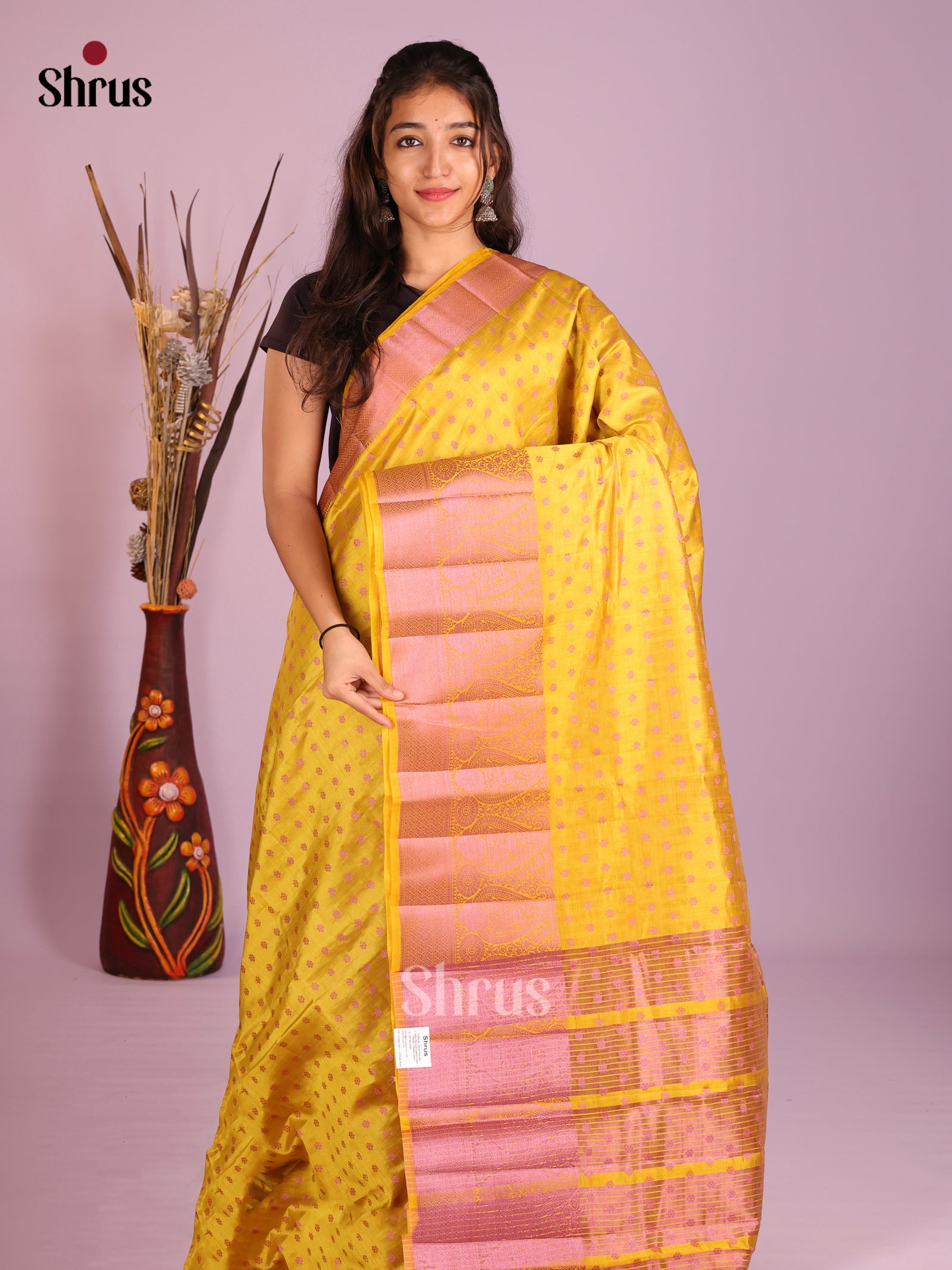 Yellow & Pink - Semi Rawsilk Saree